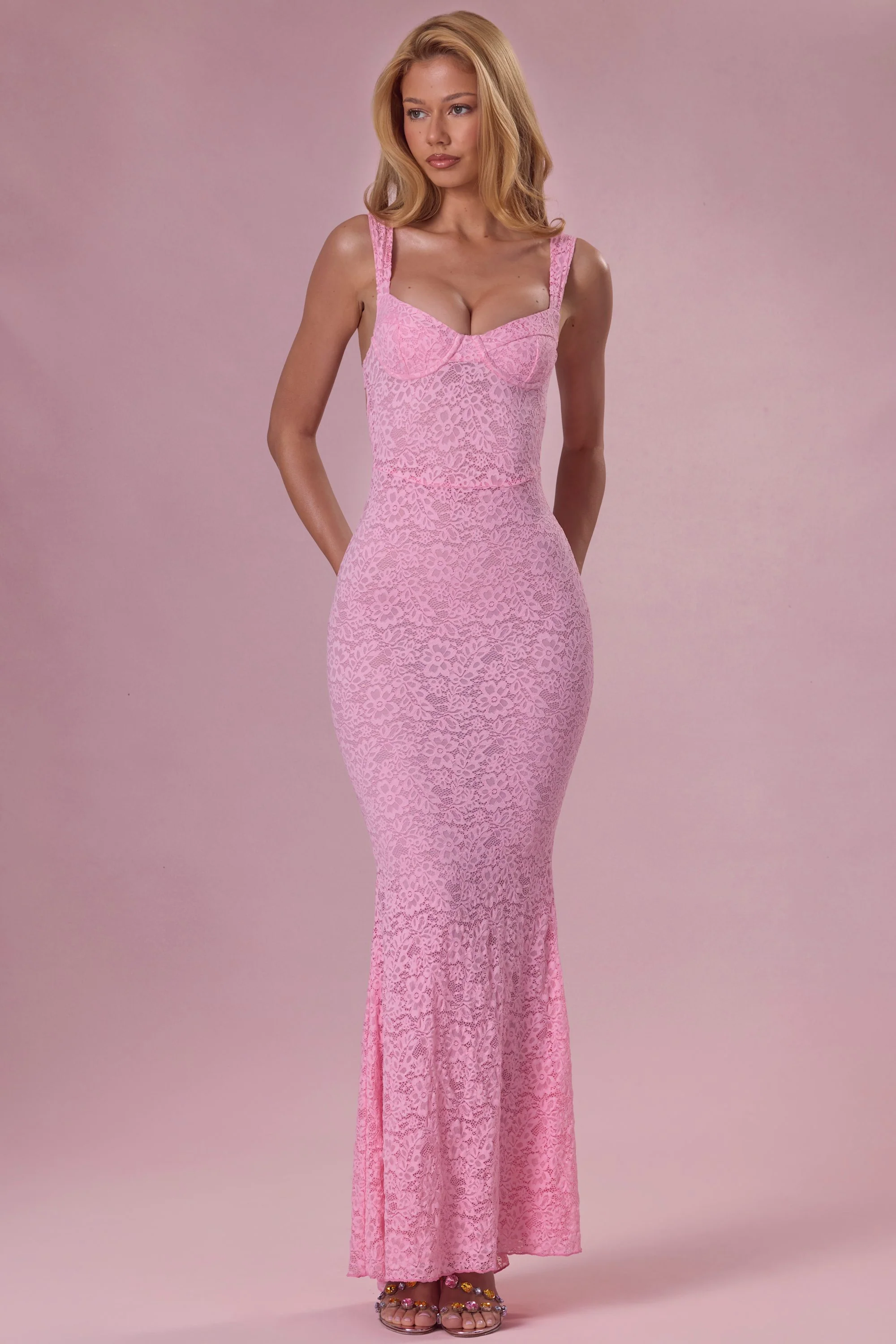 Lace Sweetheart-Neck Gown in Blush Pink