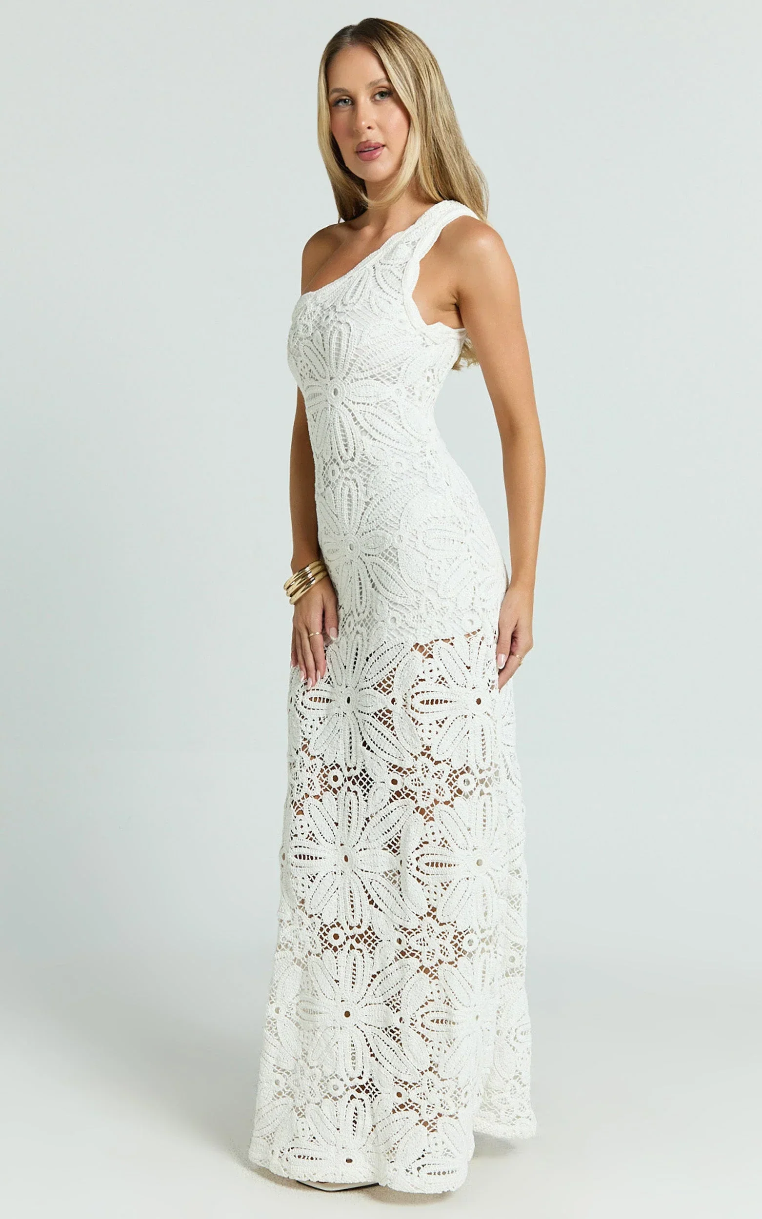 Charlene Maxi Dress - Crochet Knitted One Shoulder Maxi Dress in White - luluinthesky