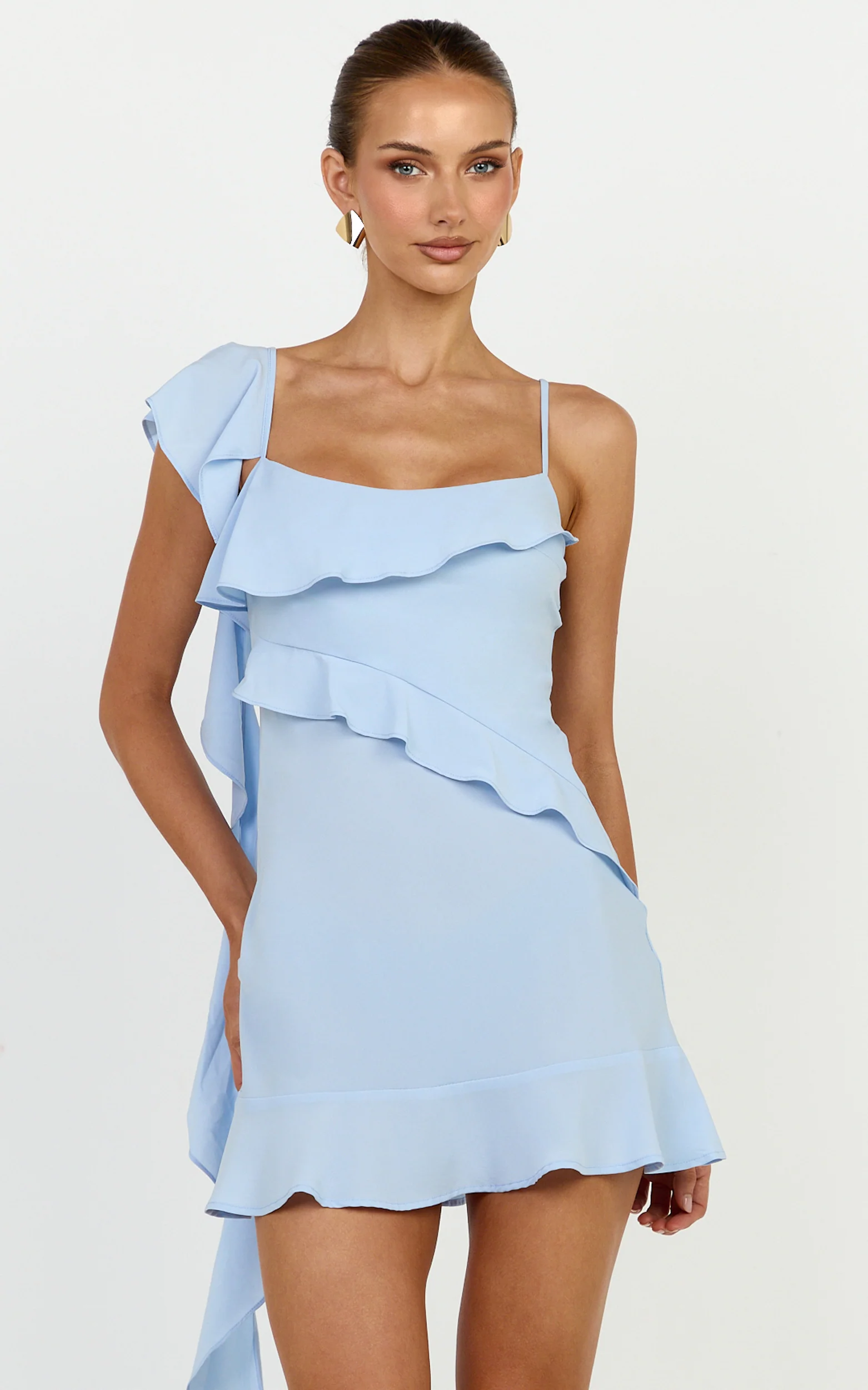 Arabella Mini Dress - Ruffle Frilled Hem Fit And Flare Dress in Blue