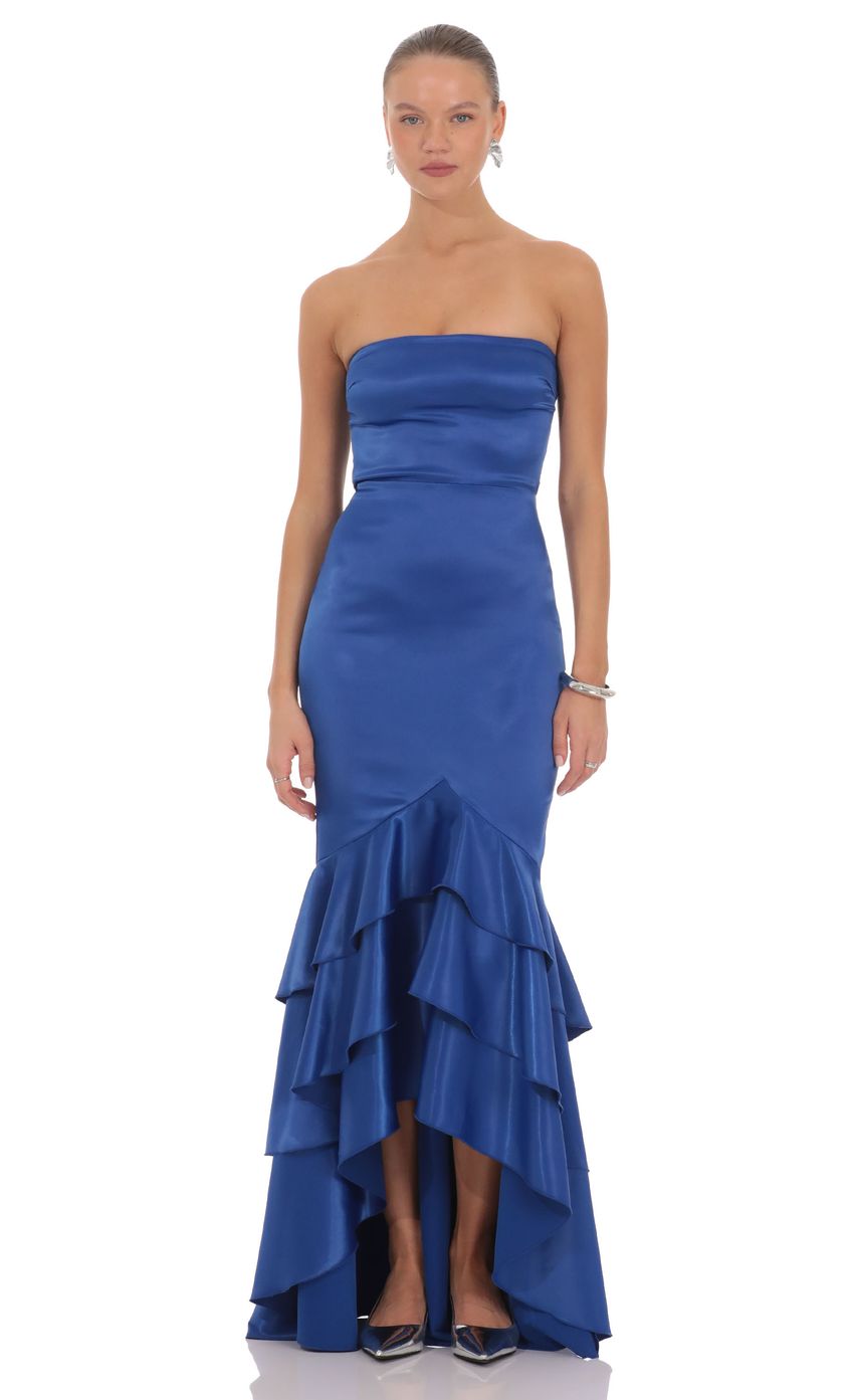 Strapless Ruffle Satin Maxi Dress in Cobalt Blue