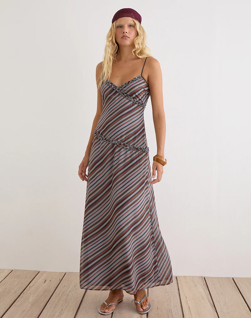 Angie Maxi Dress in Chiffon Grey and Maroon Diagonal Stripe
