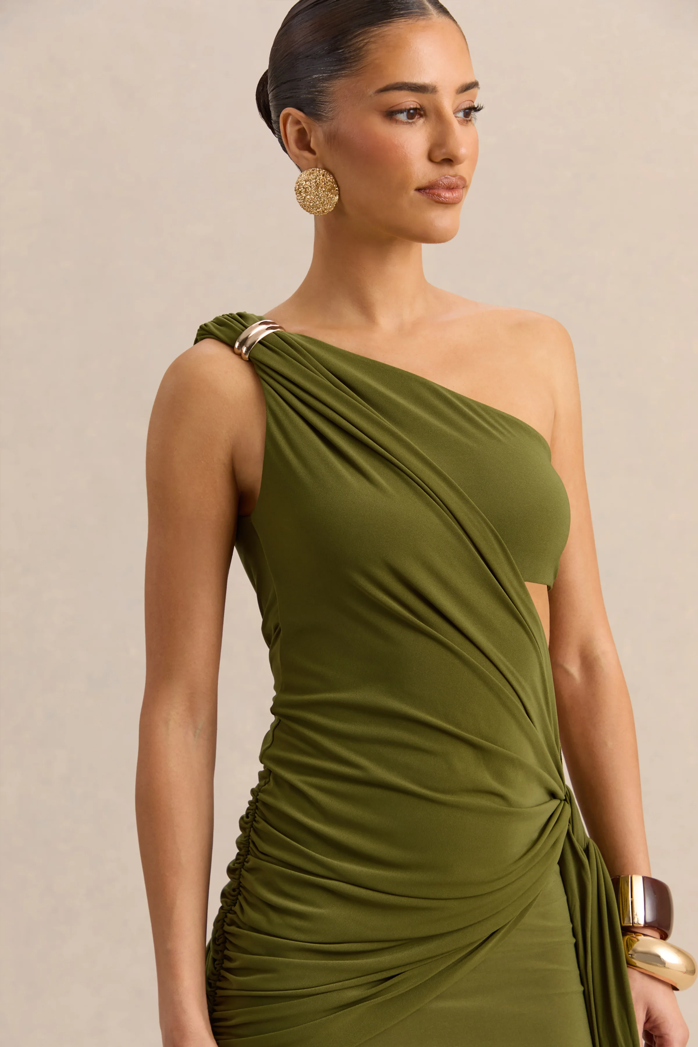 Clarosia | Green Asymmetric-Neck Maxi Dress With Cut-Out With Sash