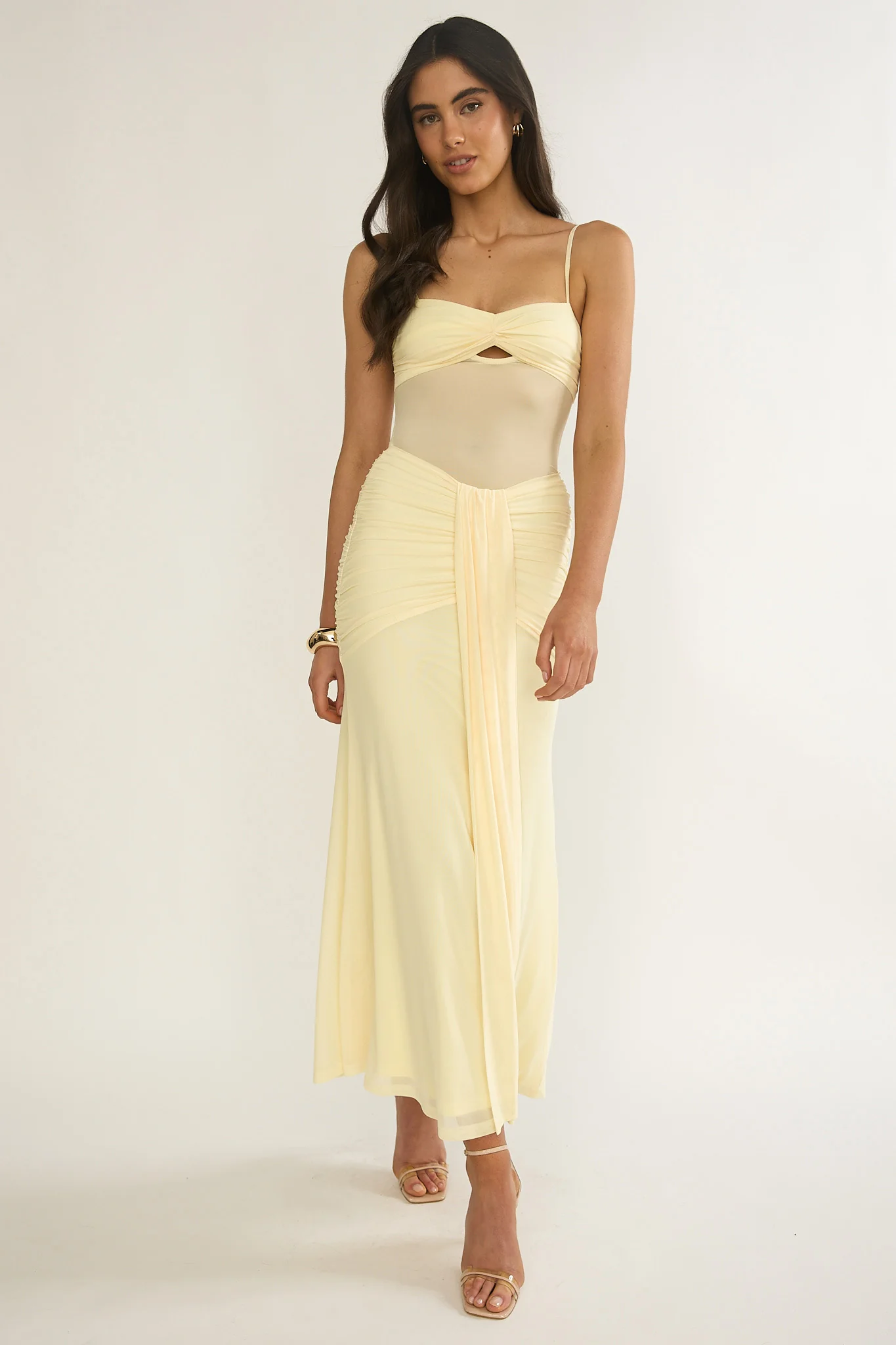 Kamilah Ruched Sheer Waist Maxi Dress Yellow