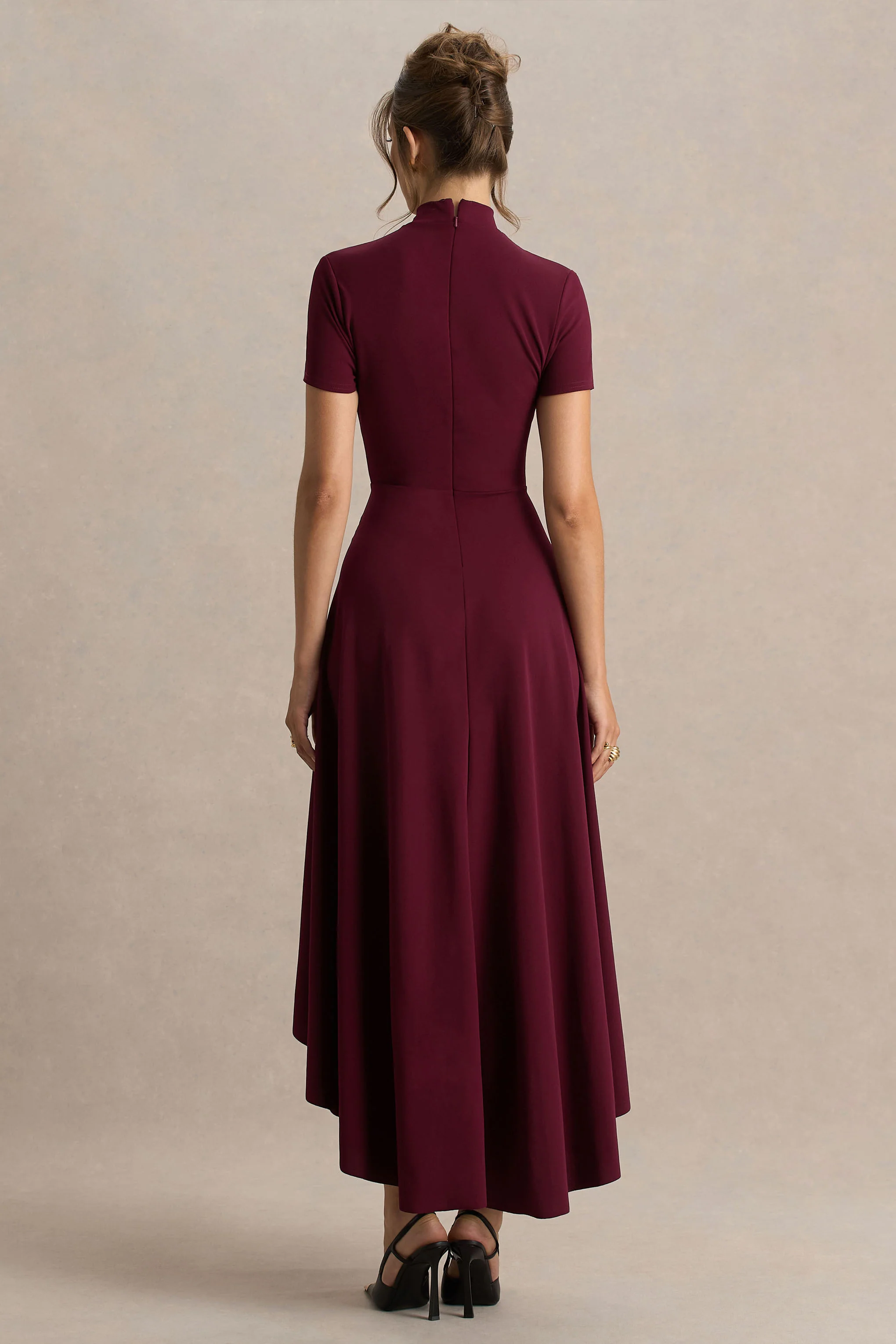 Bellona | Burgundy High-Neck High-Low Midi Dress