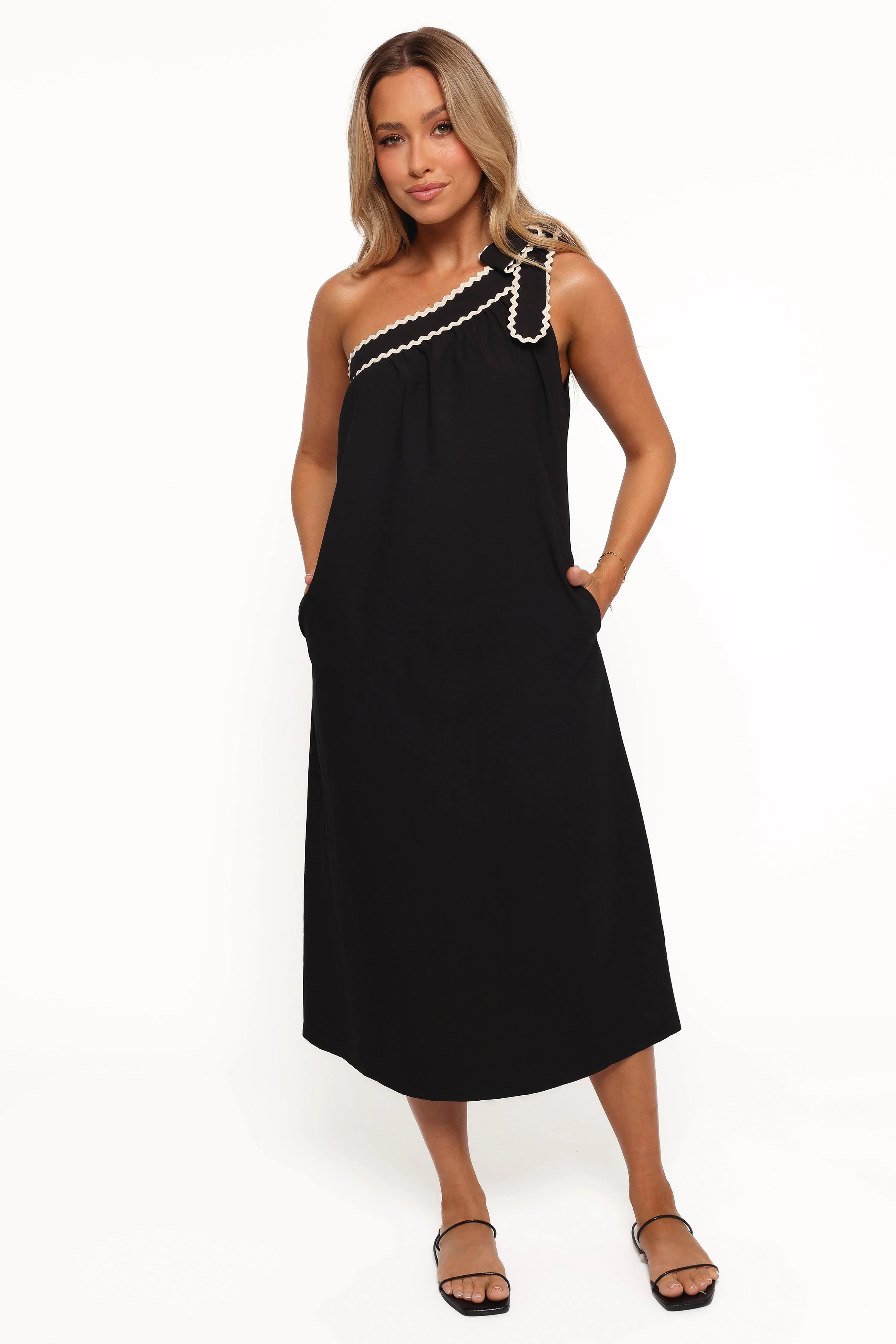 Brynlee One Shoulder Midi Dress - Black/Cream