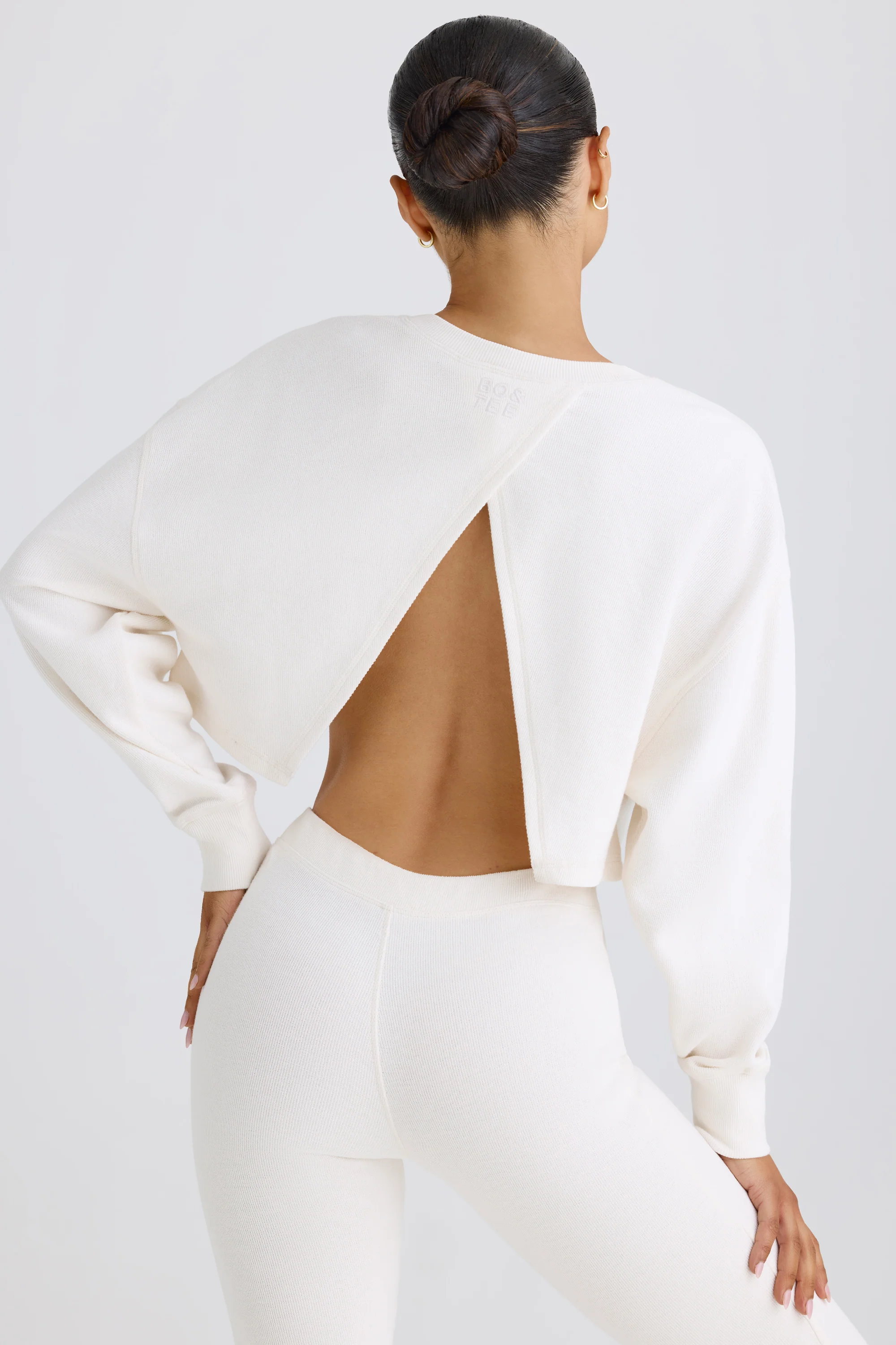 Textured Cotton Jersey Open-Back Cropped Sweatshirt in White