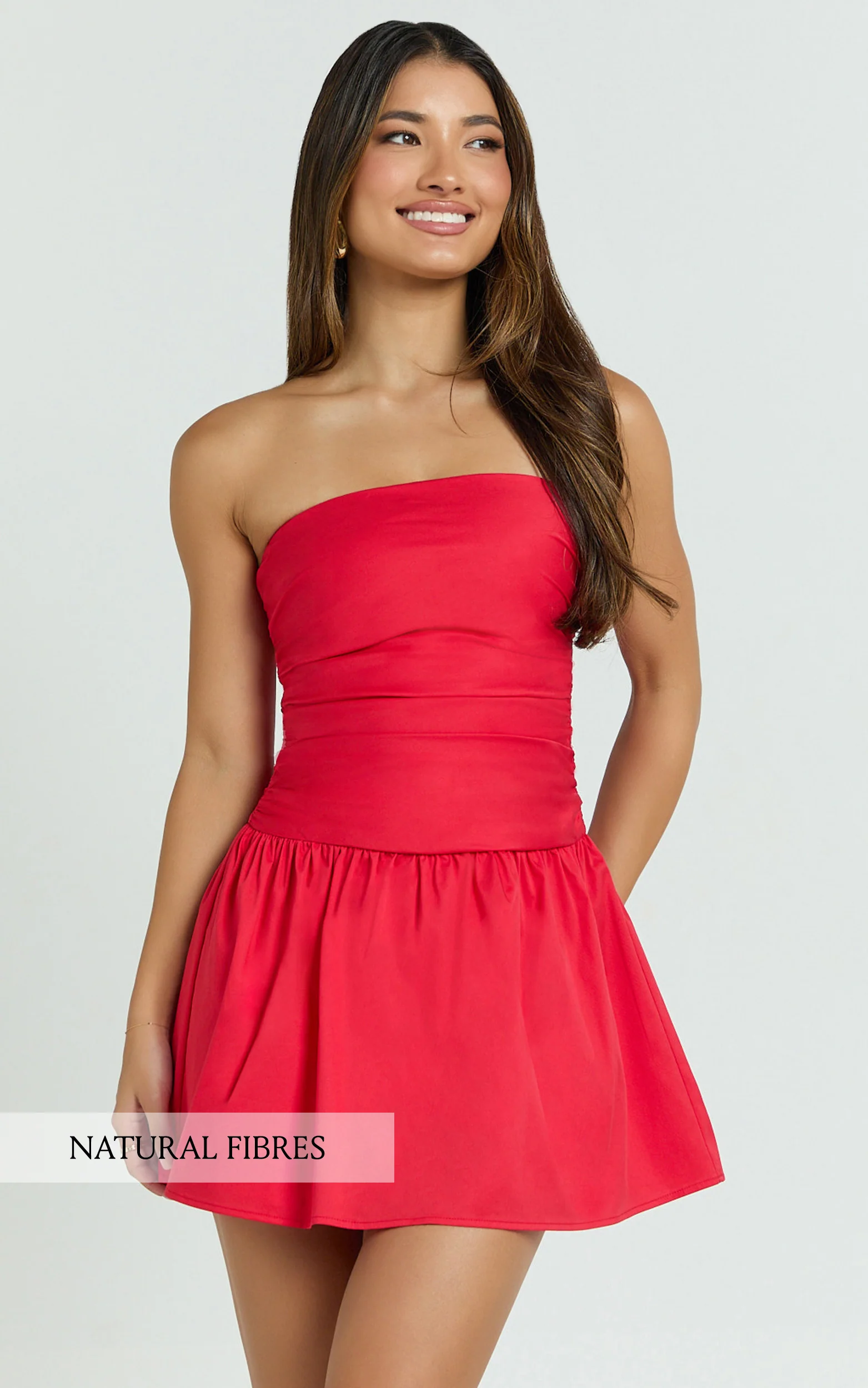Donatella Mini Dress - Strapless Drop Waist Dress in Red