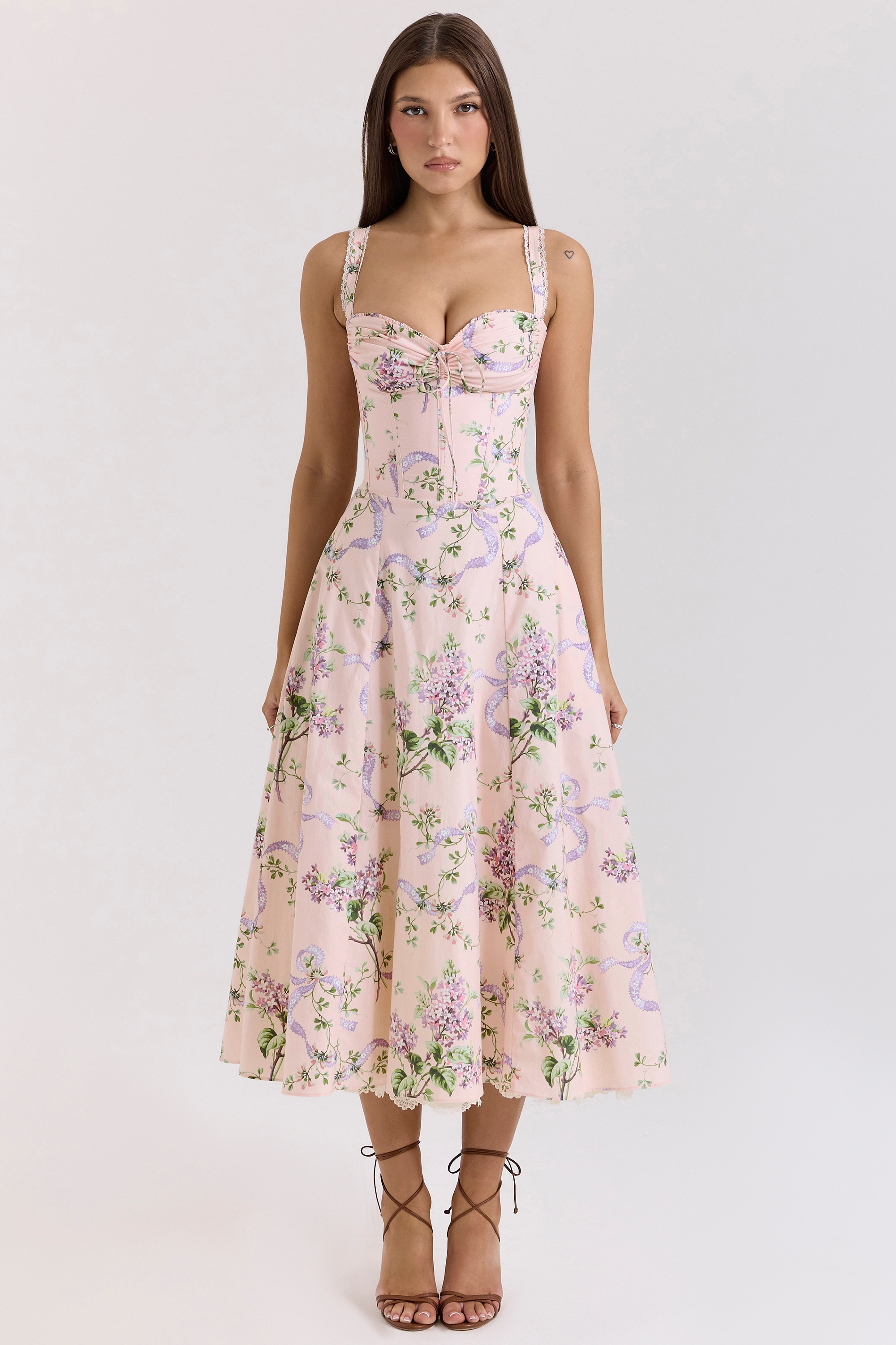 pink floral corset midi dress