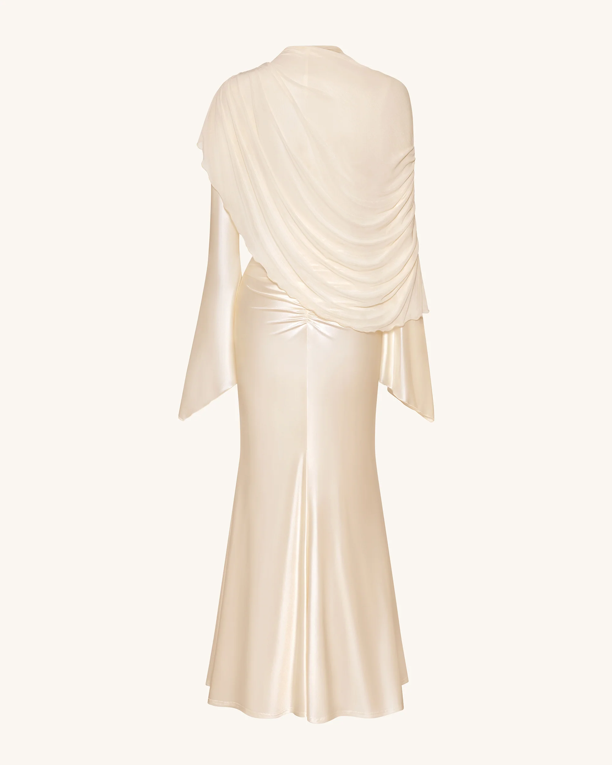 Sheer Shawl Ruched Bodycon Maxi Gown - Cream - FASHION NOB