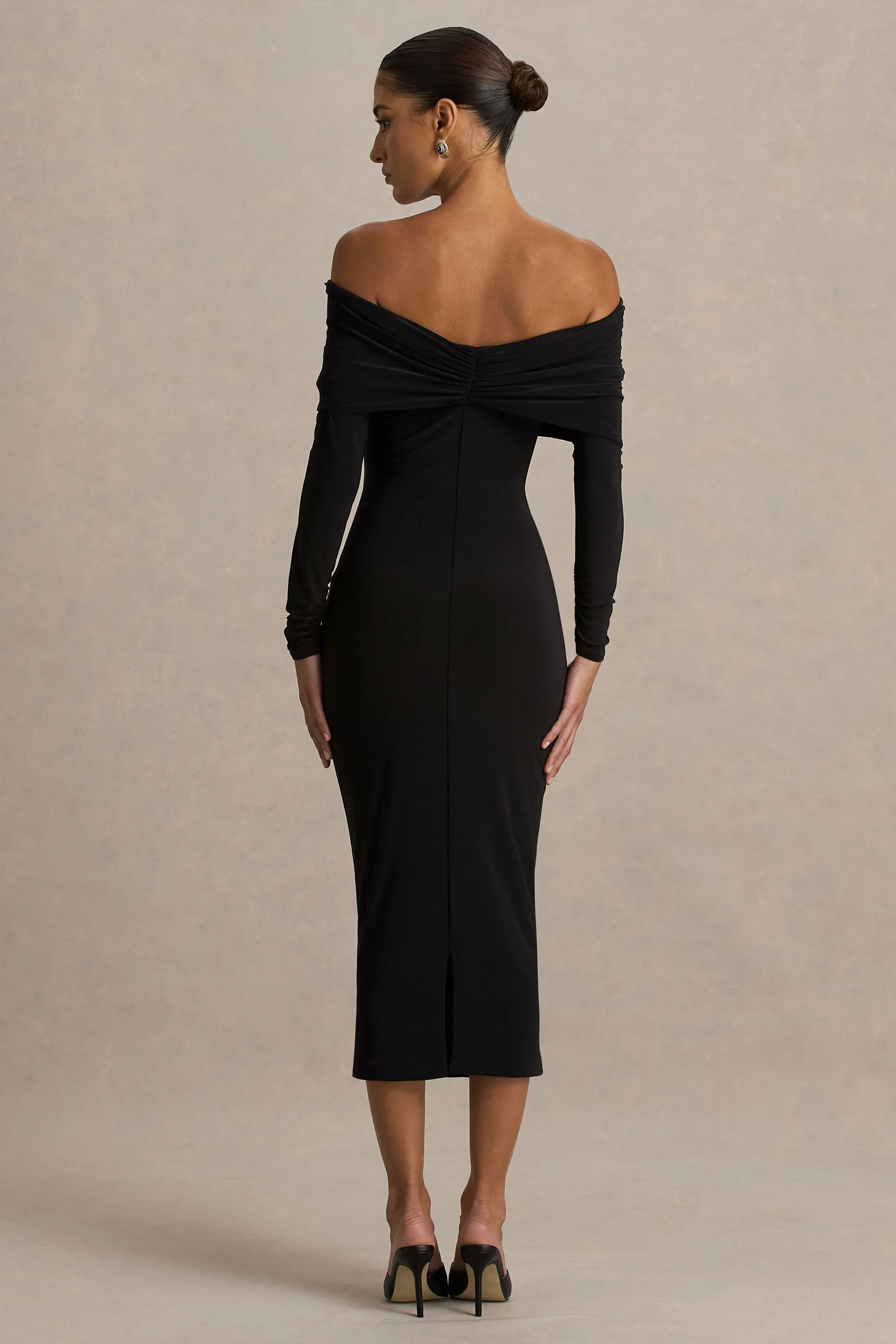 Spark | Black Bardot-Neck Midi Dress With Bow Detail