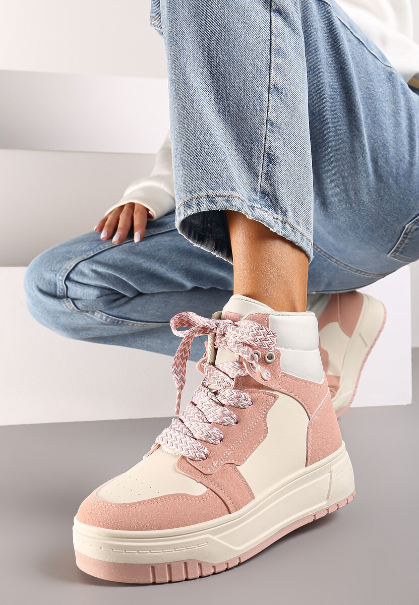 Różowe Sneakersy na Platformie z Wysoką Cholewką Ozdobione Perforacją Mivaria