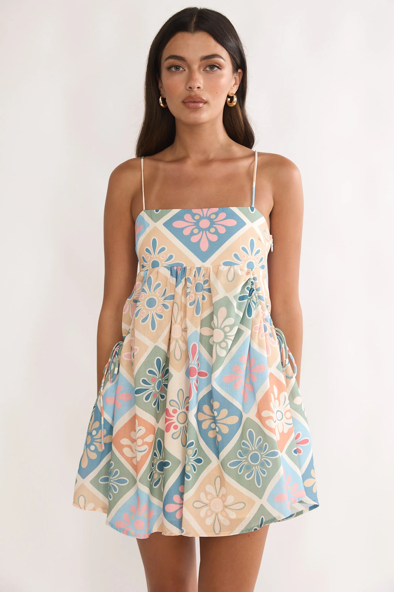 Terenza Tied Back Baby Doll Mini Dress Green Multi