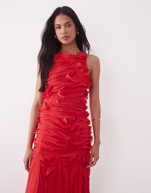 sleeveless maxi dress with tendril details in red