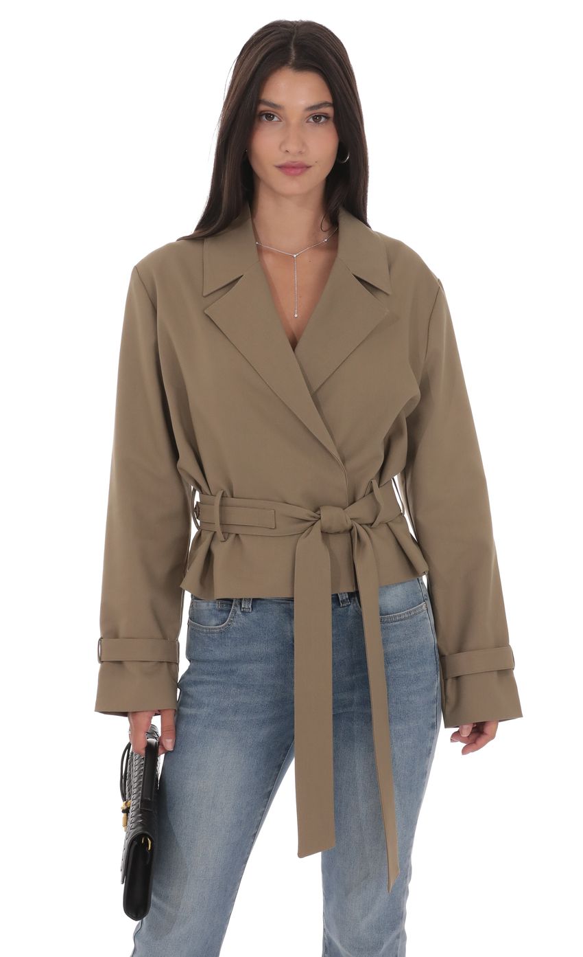 Belted Short Trench Coat in Khaki