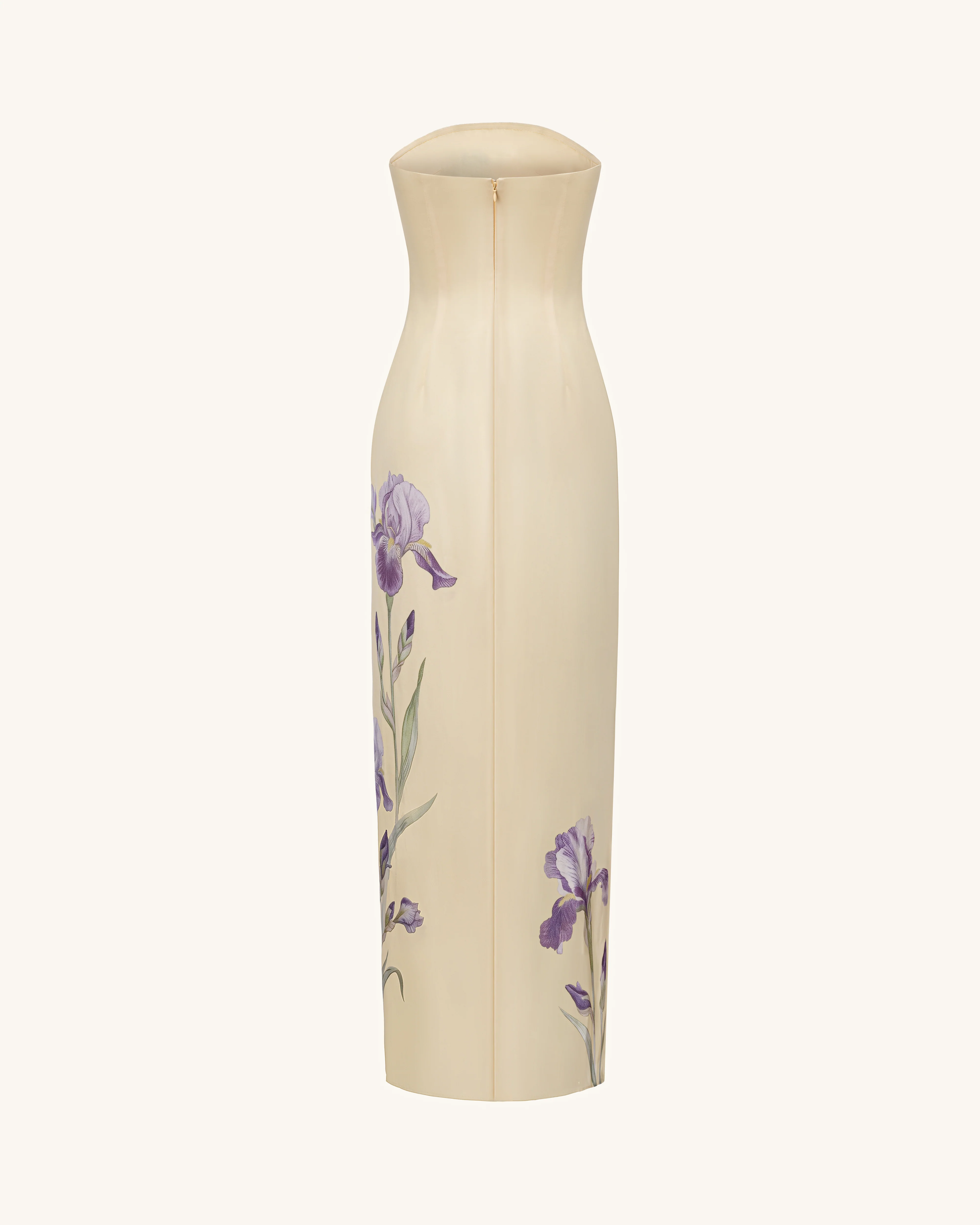 Iris Print Strapless Satin Slit Maxi Dress - Soft Yellow - FASHION NOB