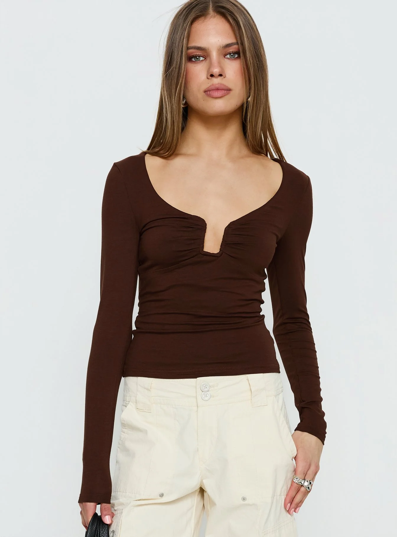 Serelle Long Sleeve Bust Detail Top Chocolate