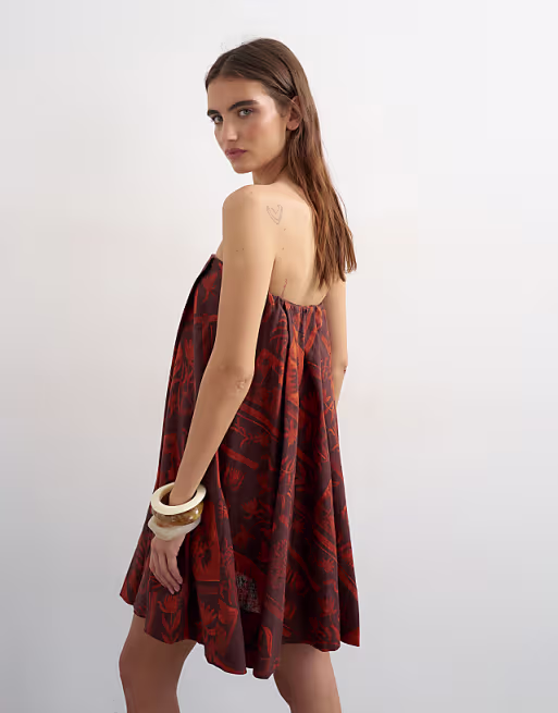 Topshop linen rich full trapeze bandeau mini dress in rust boutique scarf print
