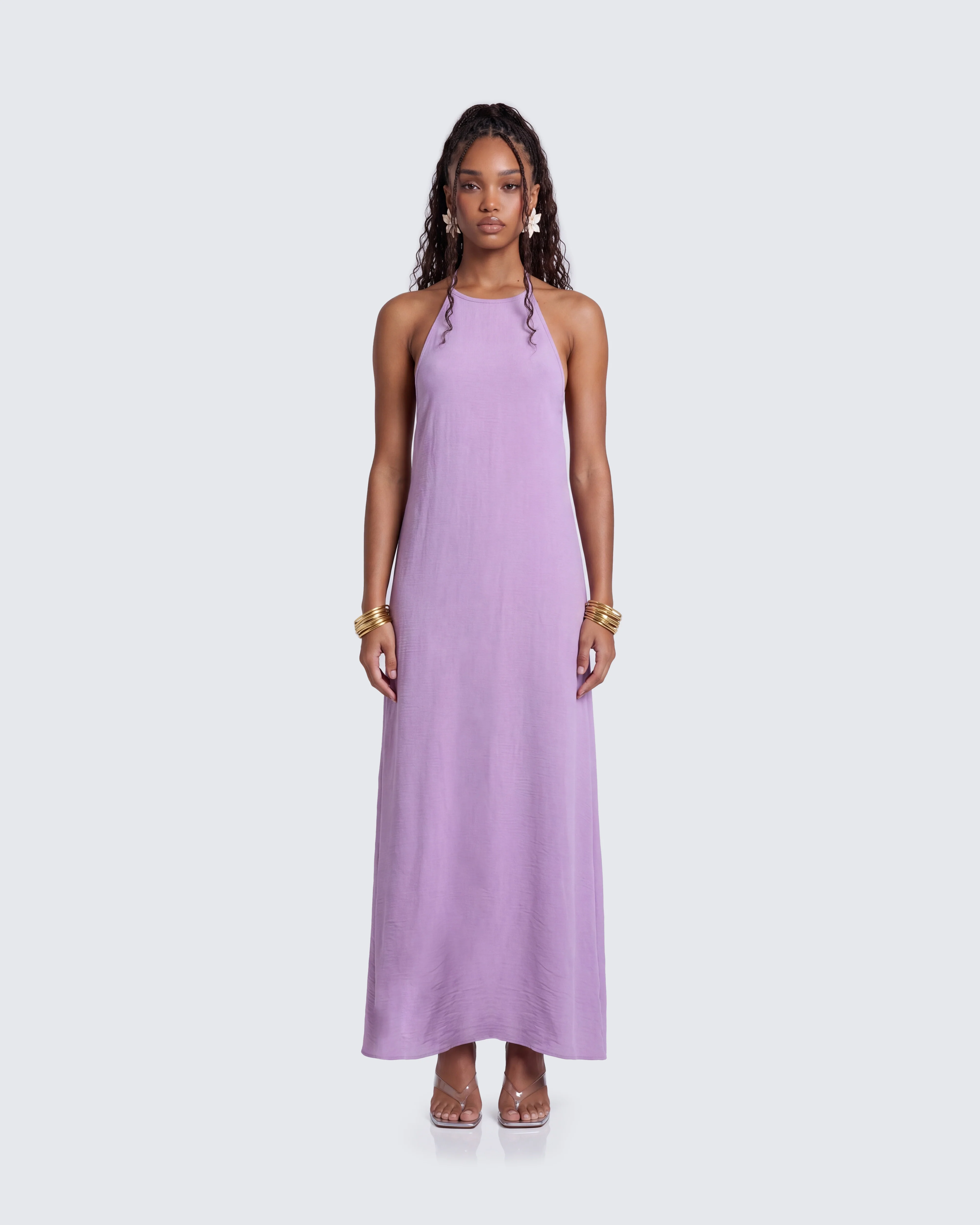 Debri Purple Open Back Halterneck Matt Satin Maxi Dress