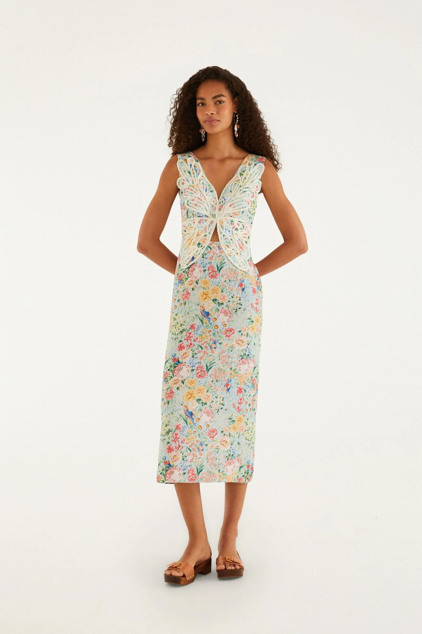 Multicolor Rendeira 3d Bodice  Midi Dress