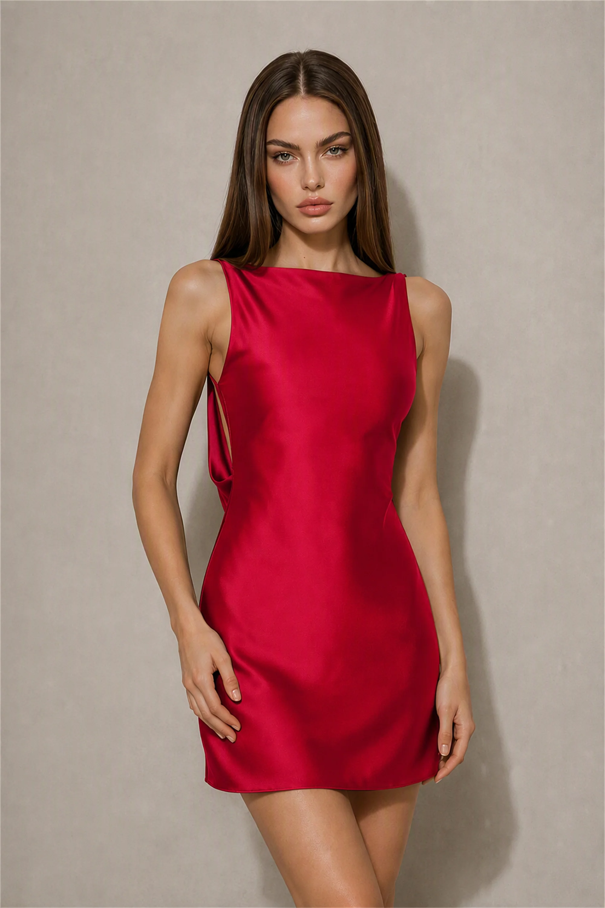 BOLODOO Burgundy Satin Bateau Neck Cowl Open Back Pearl Chain Mini Dress | Cocktail Party Date Night Dress