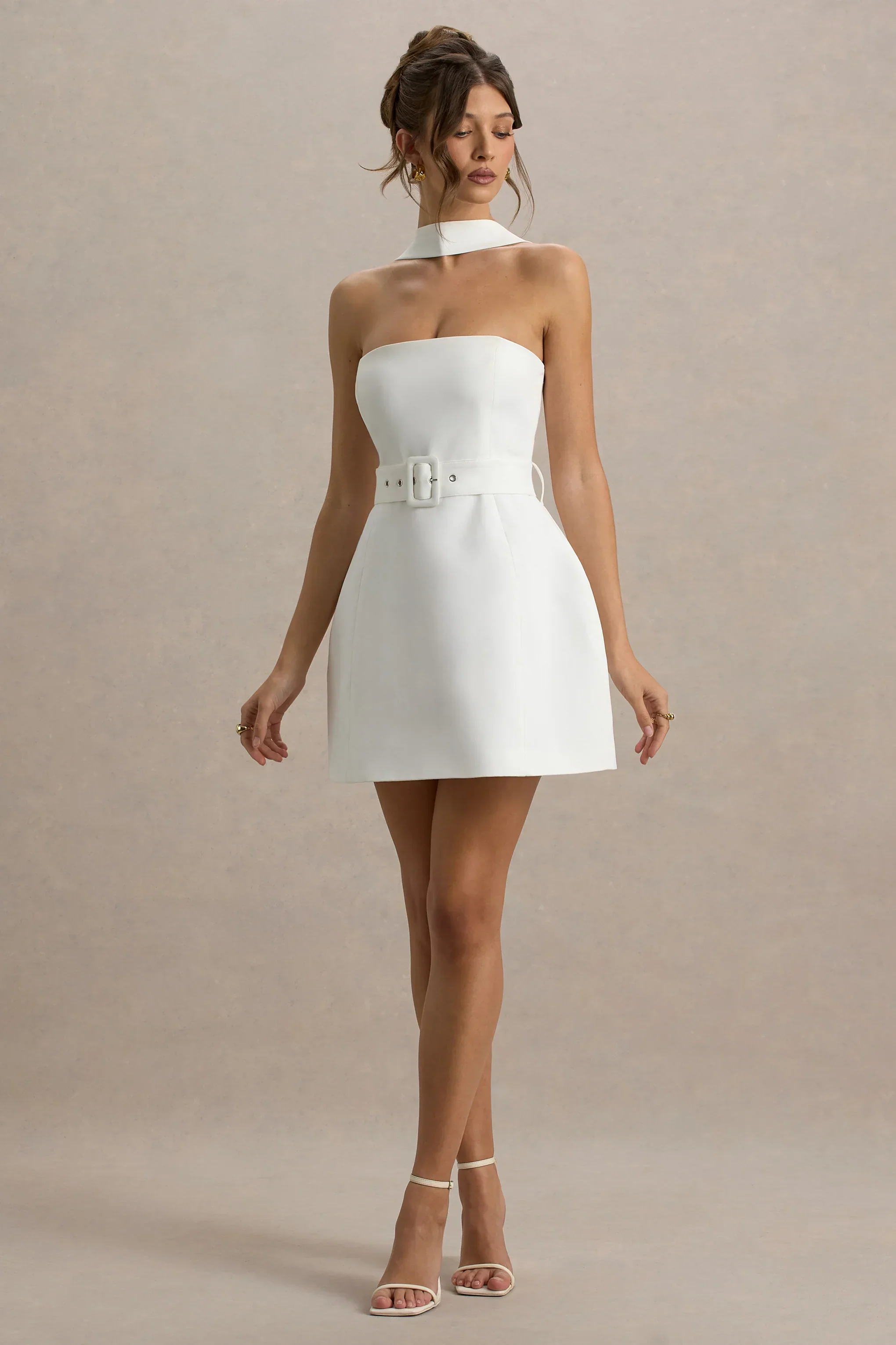 Timberly | White High-Neck Tailored Micro-Mini Dress
