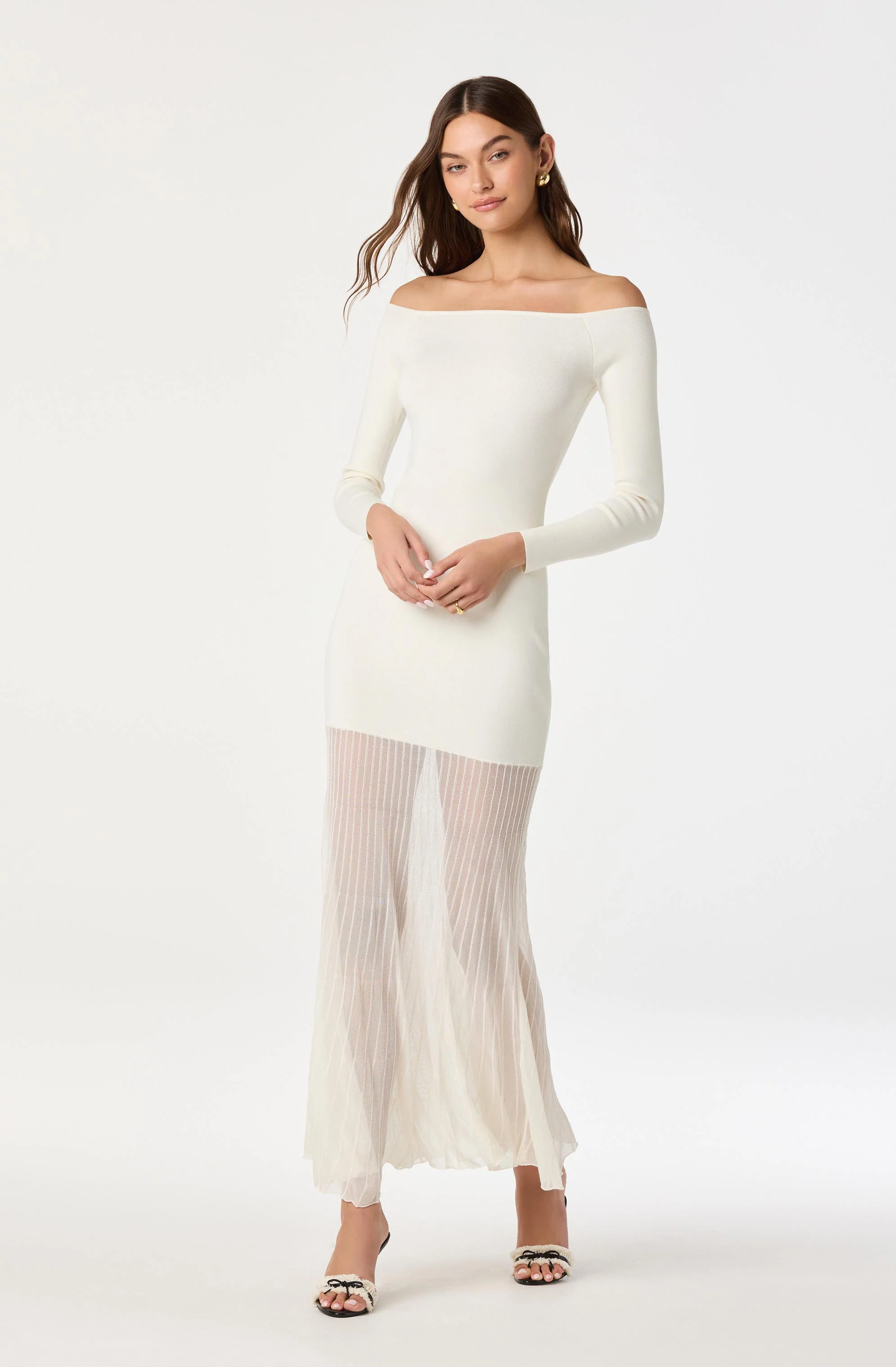 Off Shoulder Mesh Panel Hem Maxi Dress - luluinthesky