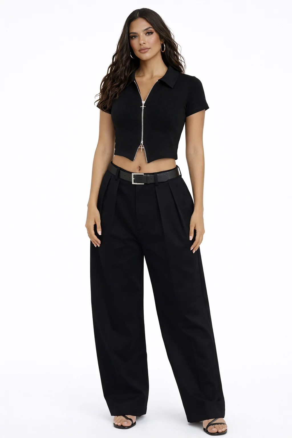 Double Zip Front Short Sleeve Collared Top