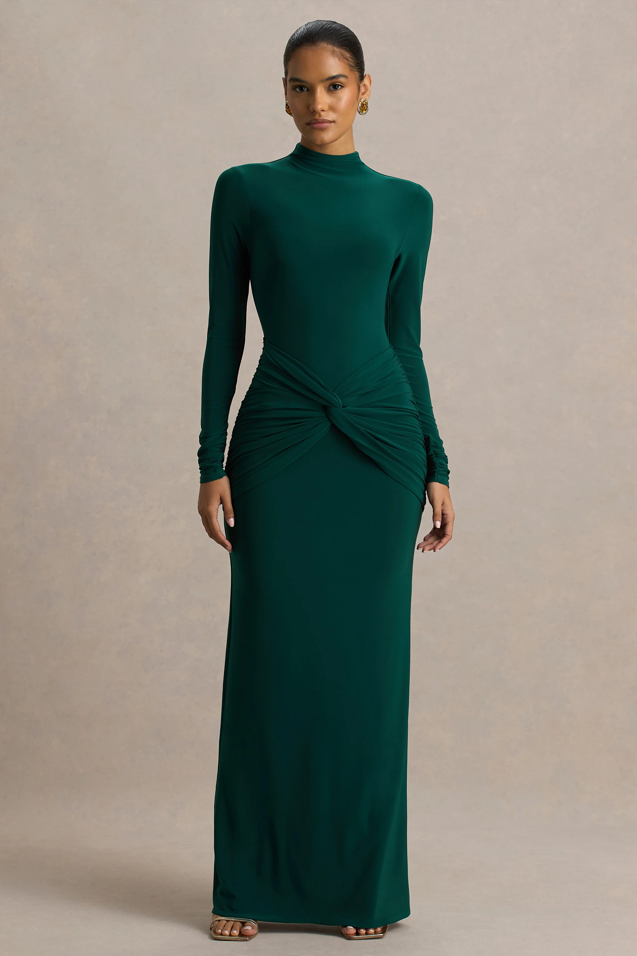 Alula | Bottle Green High-Neck Maxi Dress With Twist Detail