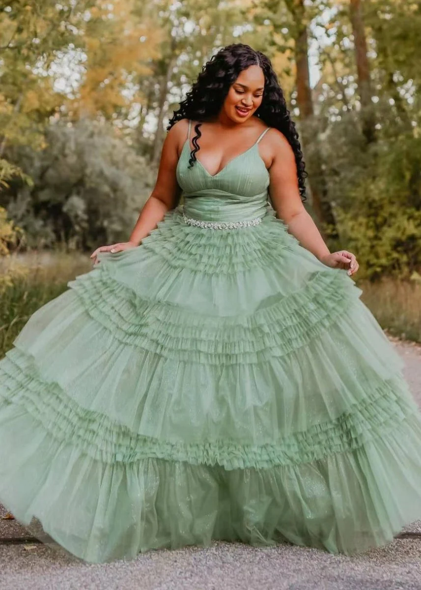 Amanda| A-Line Spaghetti Straps Long Tiered Tulle Prom Dress With Split
