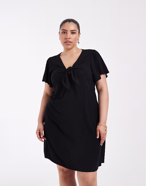 Vero Moda Curve Easy Joy short sleeve bow front mini dress in black
