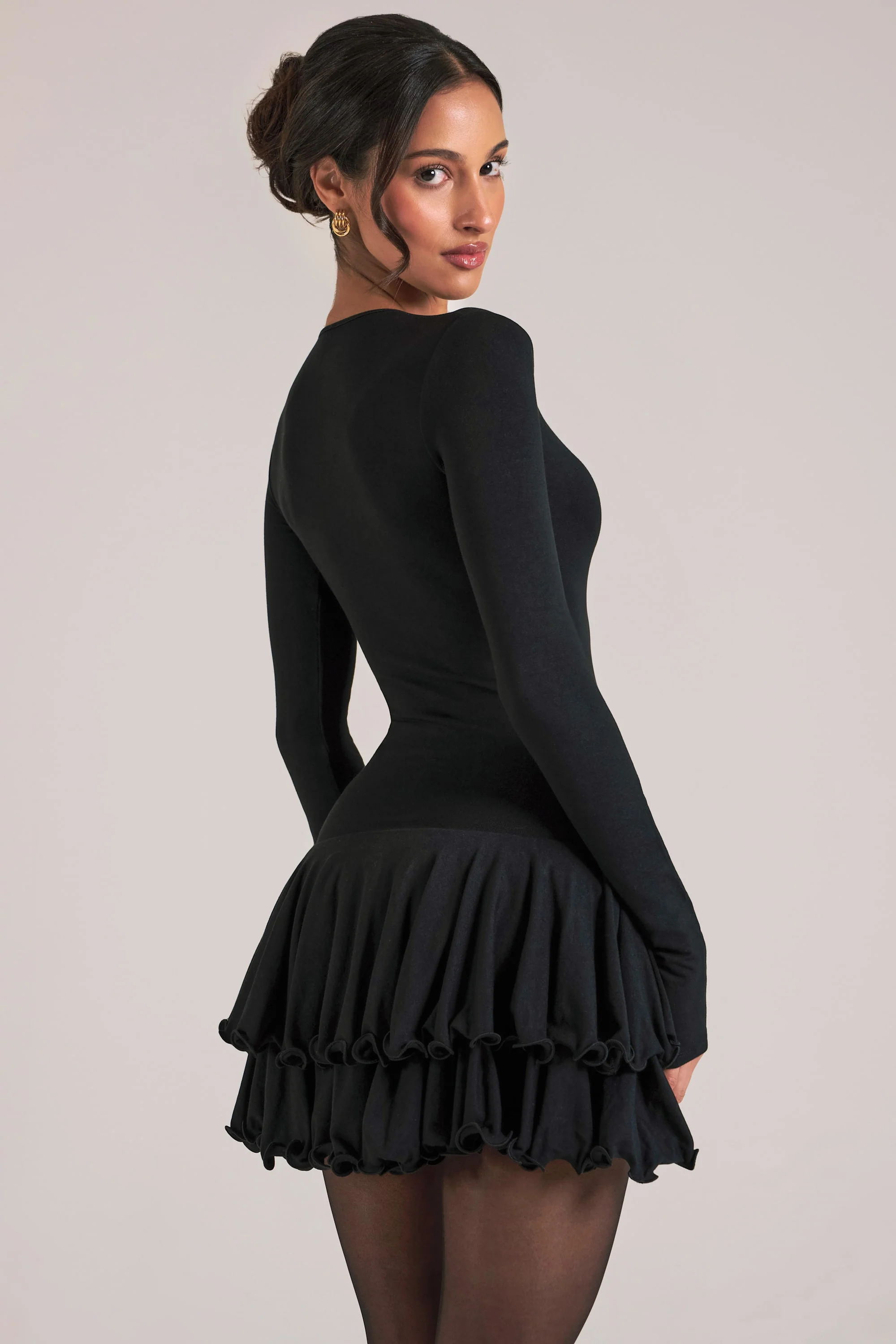 V-Neck Ruffle Skirt Mini Dress in Black