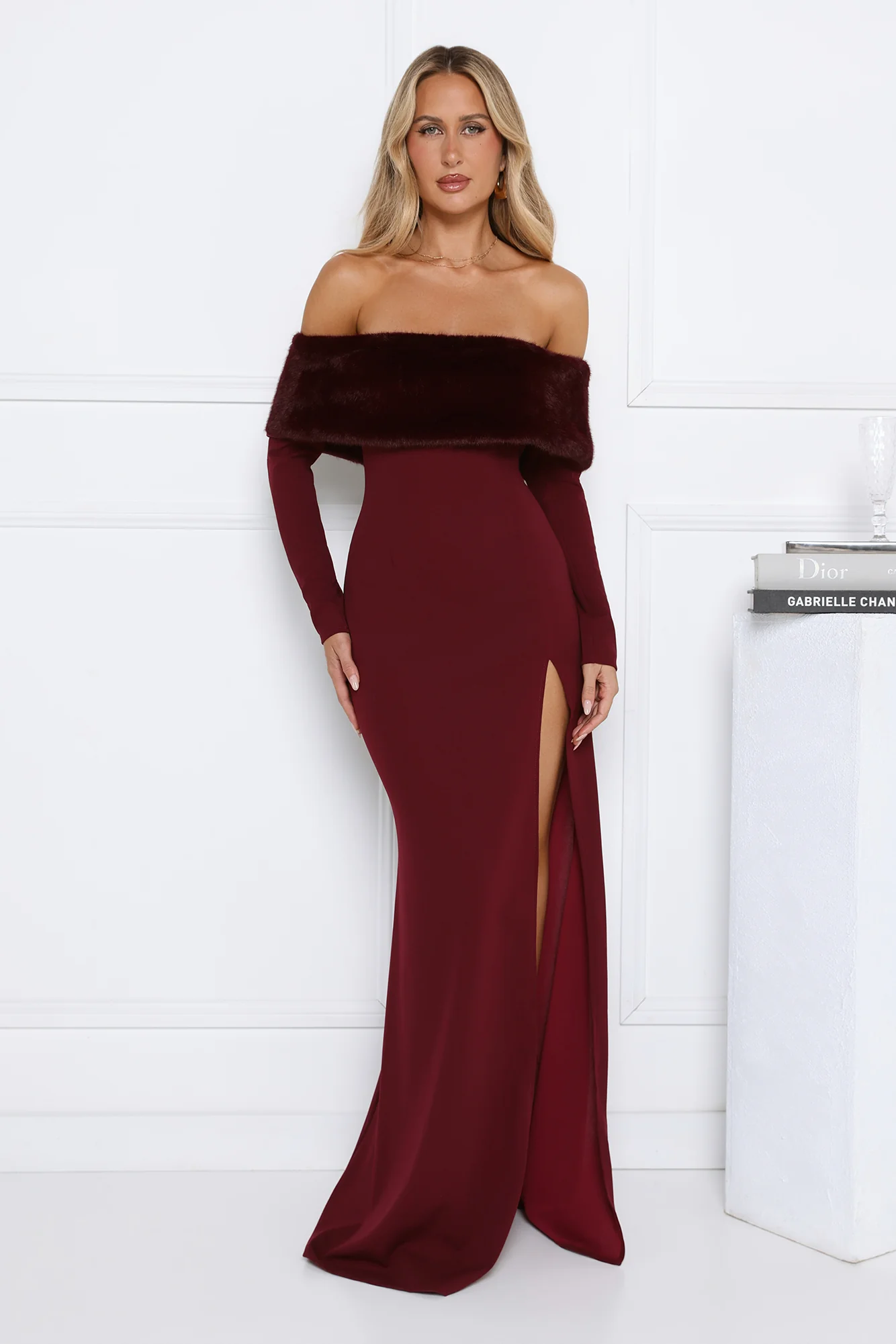 Glow In The Snow Faux Fur Off Shoulder Maxi Dress Wine