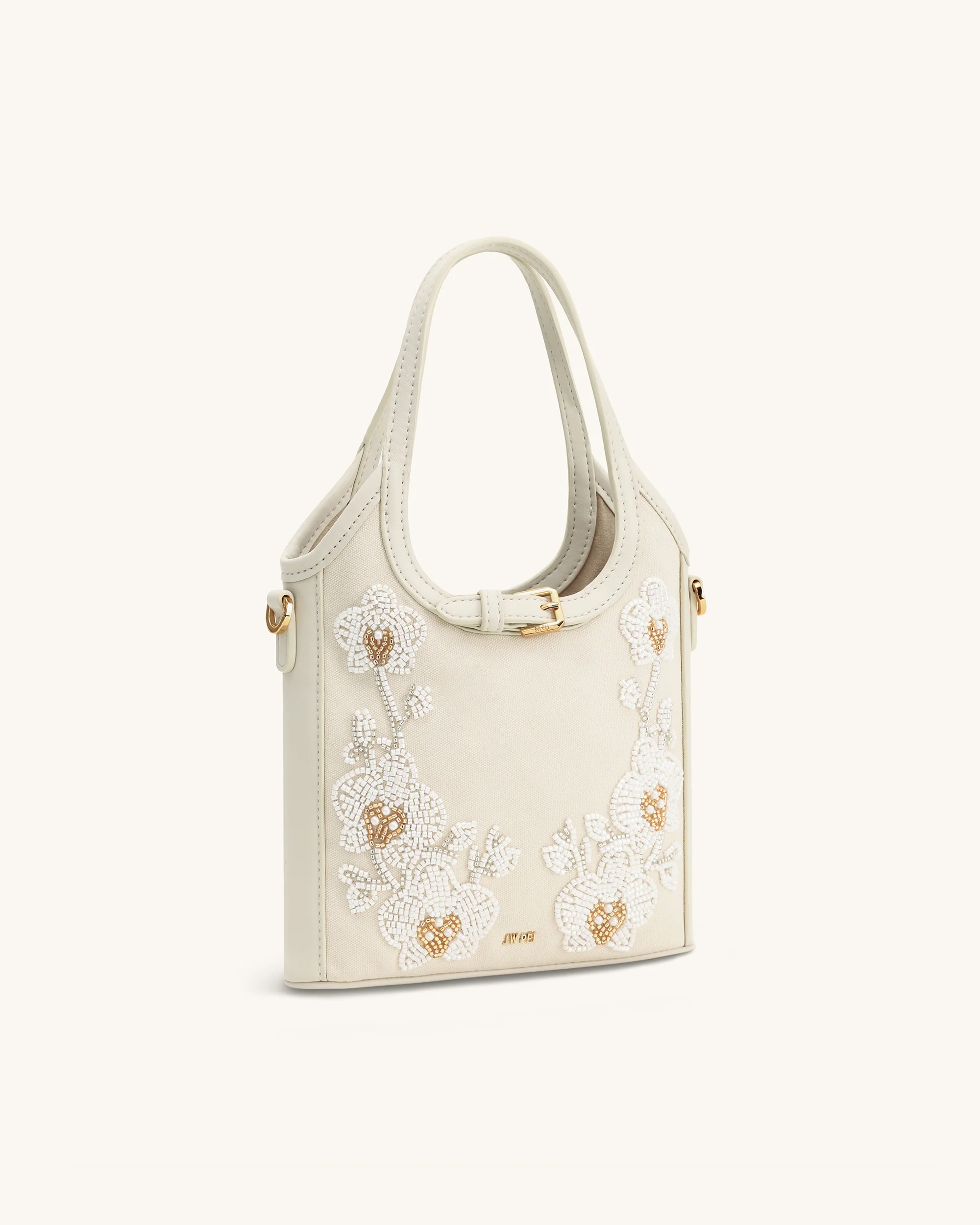 Brooke Mini Belted Embellished Orchid Beaded Top Handle Bag - Ivory