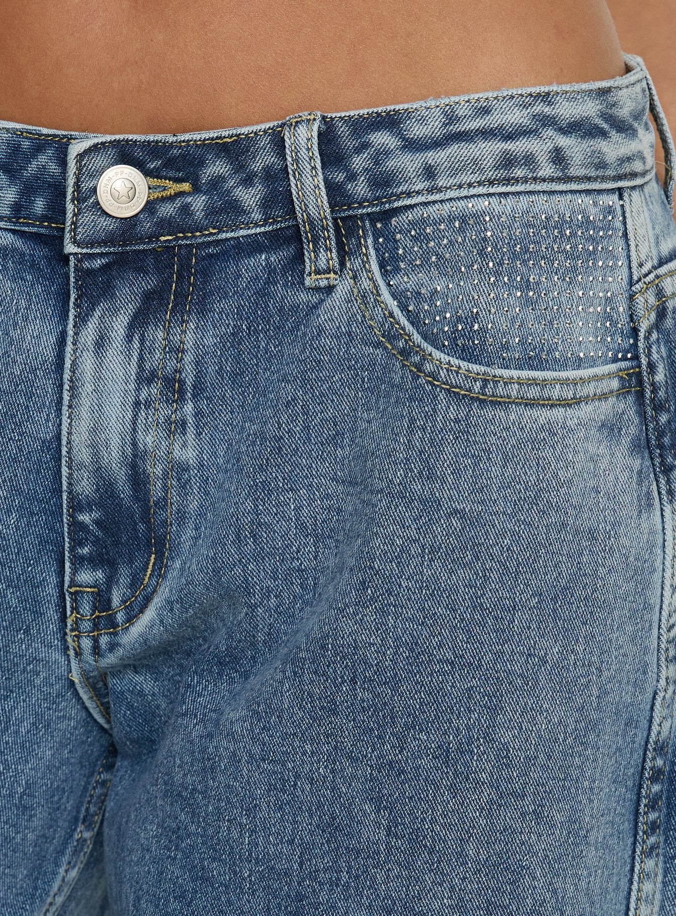 Ramos Diamante Low Rise Wide Leg Denim Jeans Washed Mid Blue