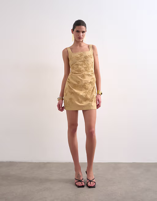 Topshop structured drape mini dress with 3D flowers in beige
