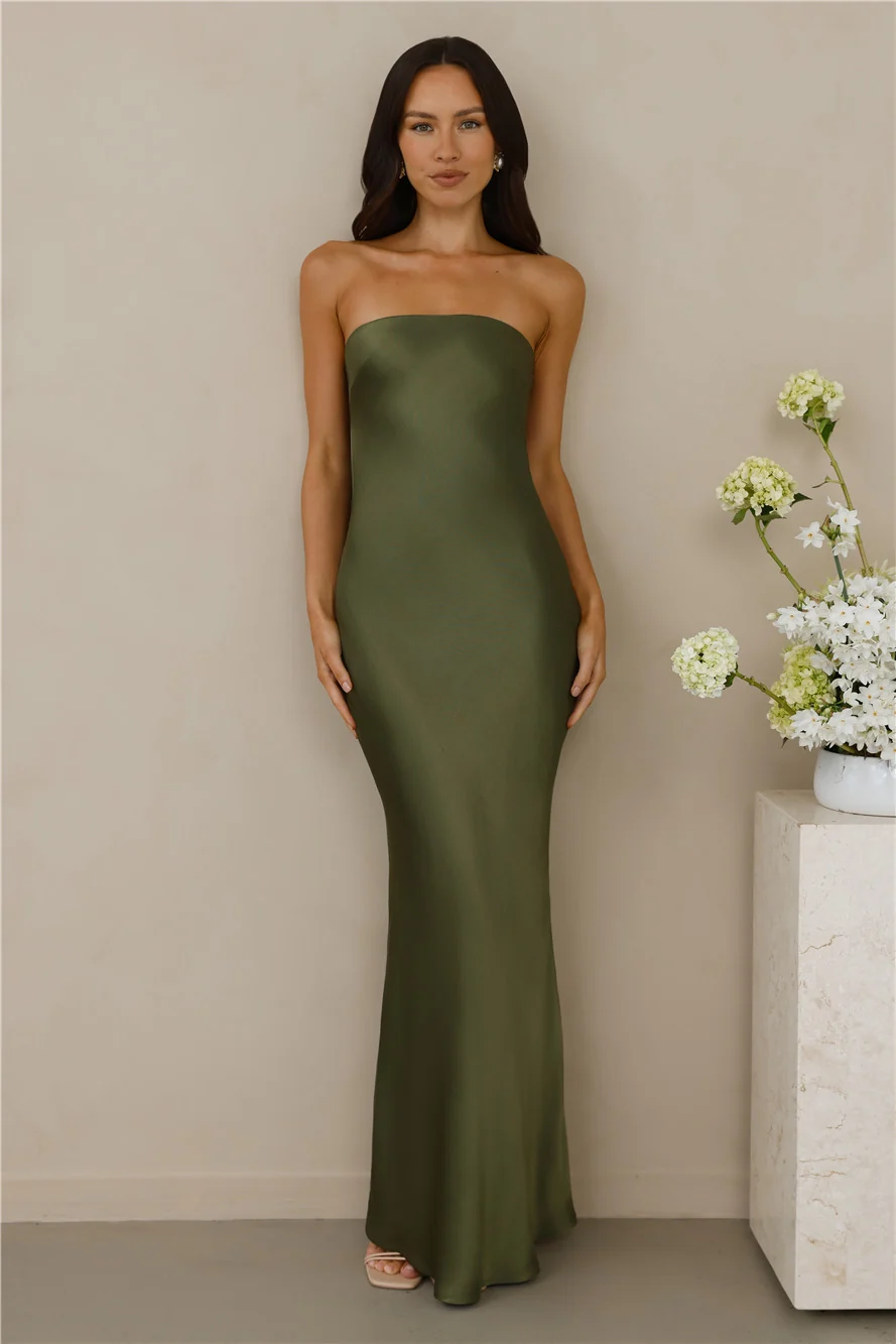 The Felicity Strapless Satin Maxi Dress Olive