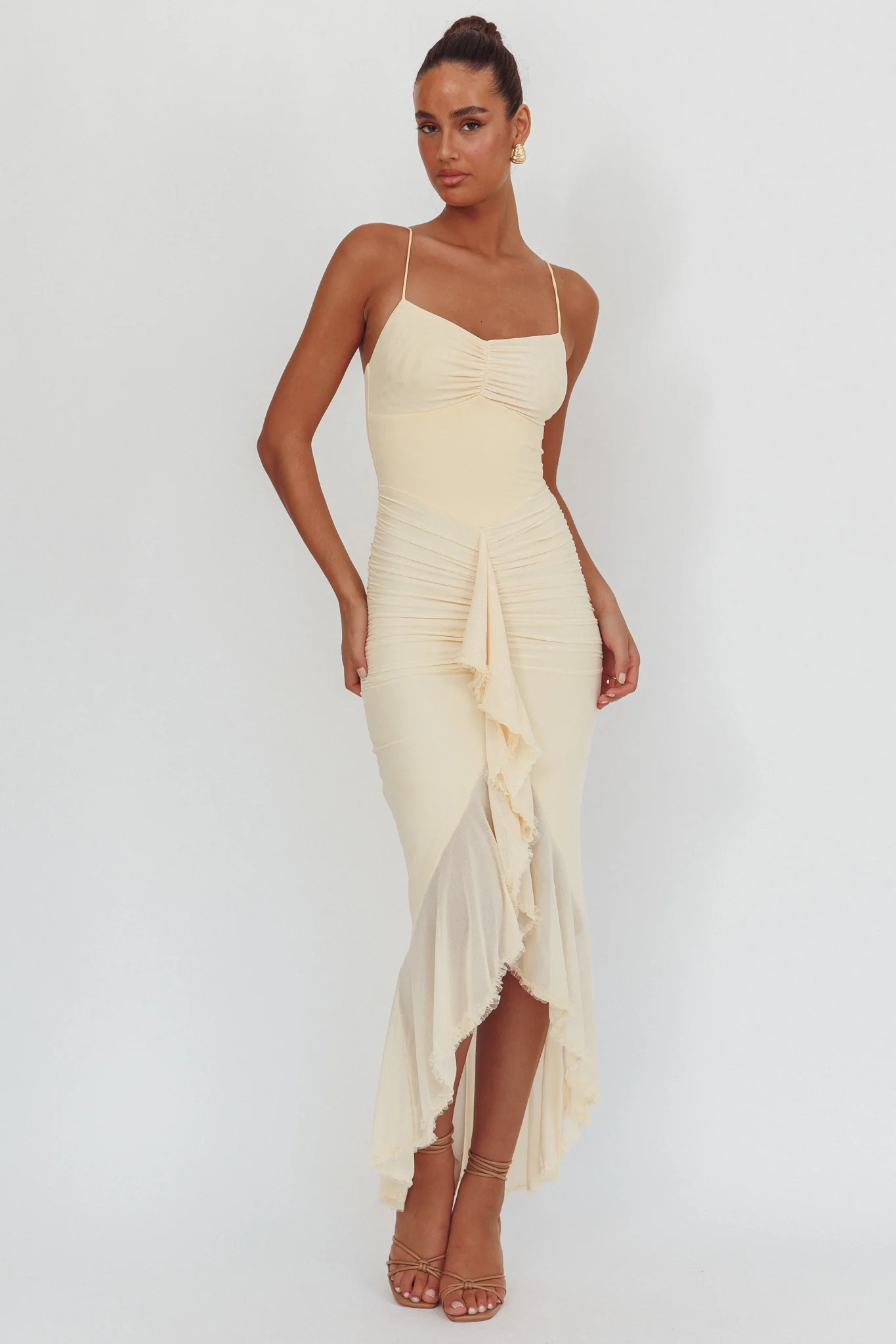 Kamilah Gathered Cascading Ruffle Midi Dress Butter - luluinthesky