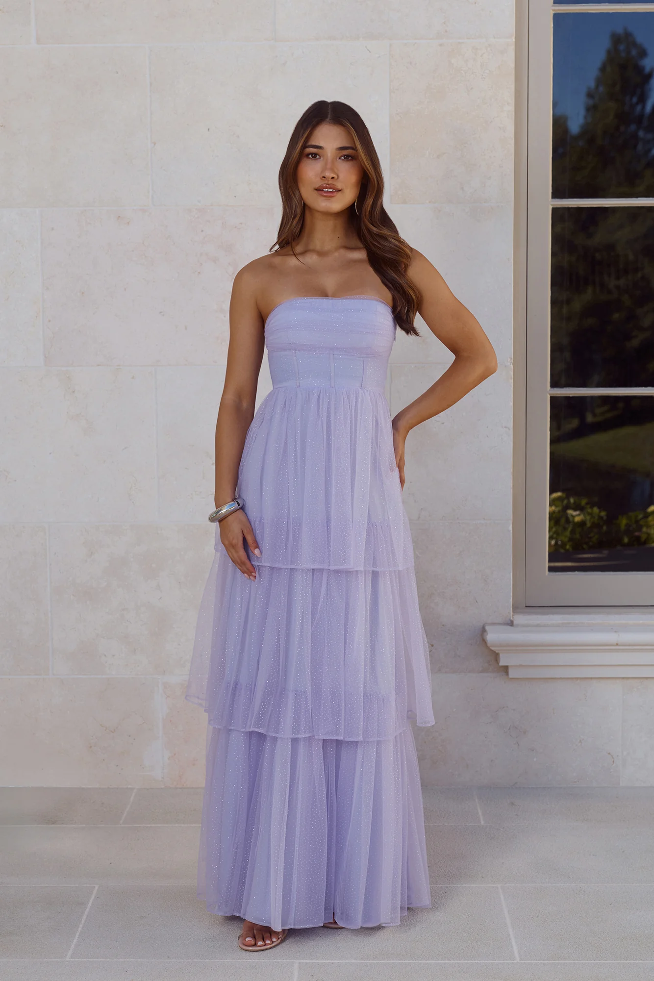Premiere Glam Strapless Tulle Maxi Dress Lilac