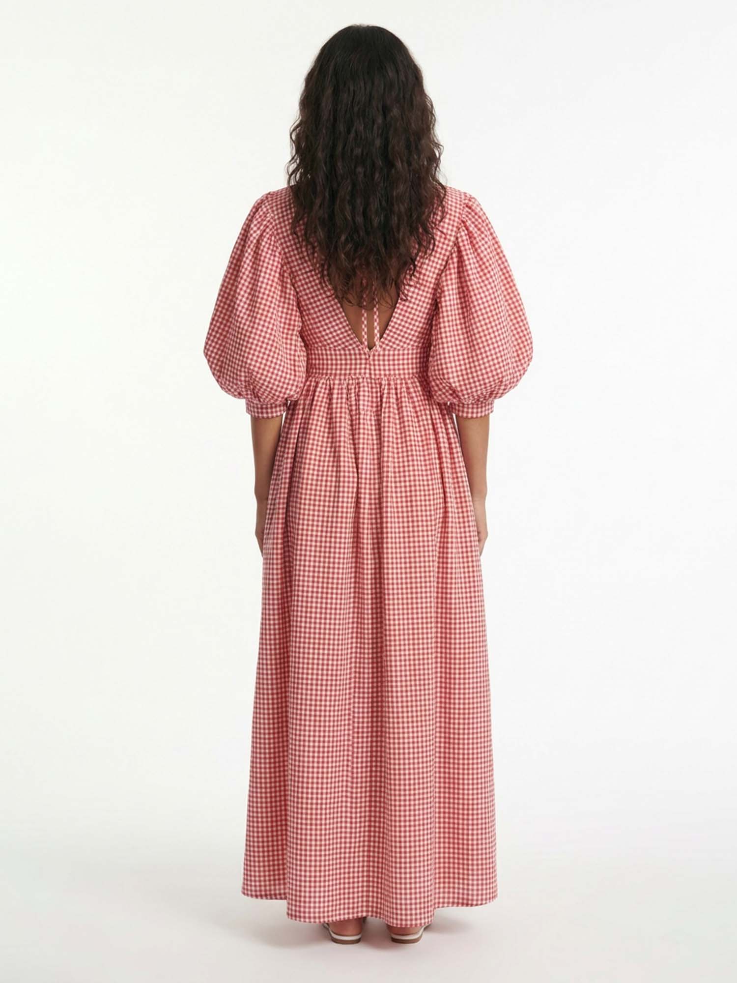 Red Gingham Puff Sleeve Maxi Dress