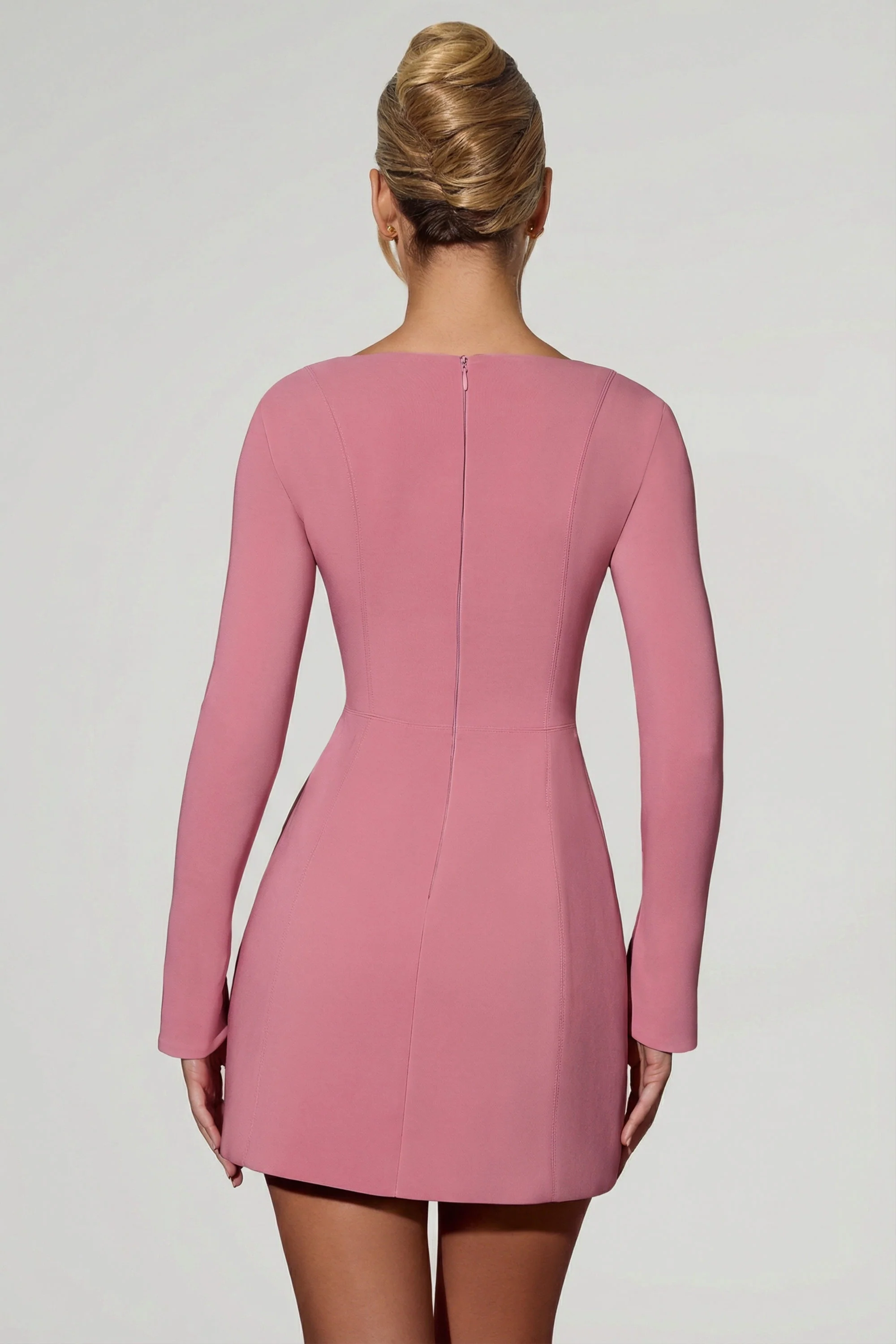 Sweetheart-Neck Long-Sleeve A-Line Mini Dress in Dusty Pink