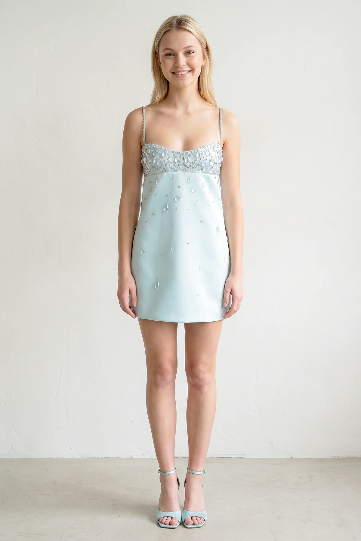 Aqua Spaghetti Straps Sheath Satin Homecoming Dress With Beading