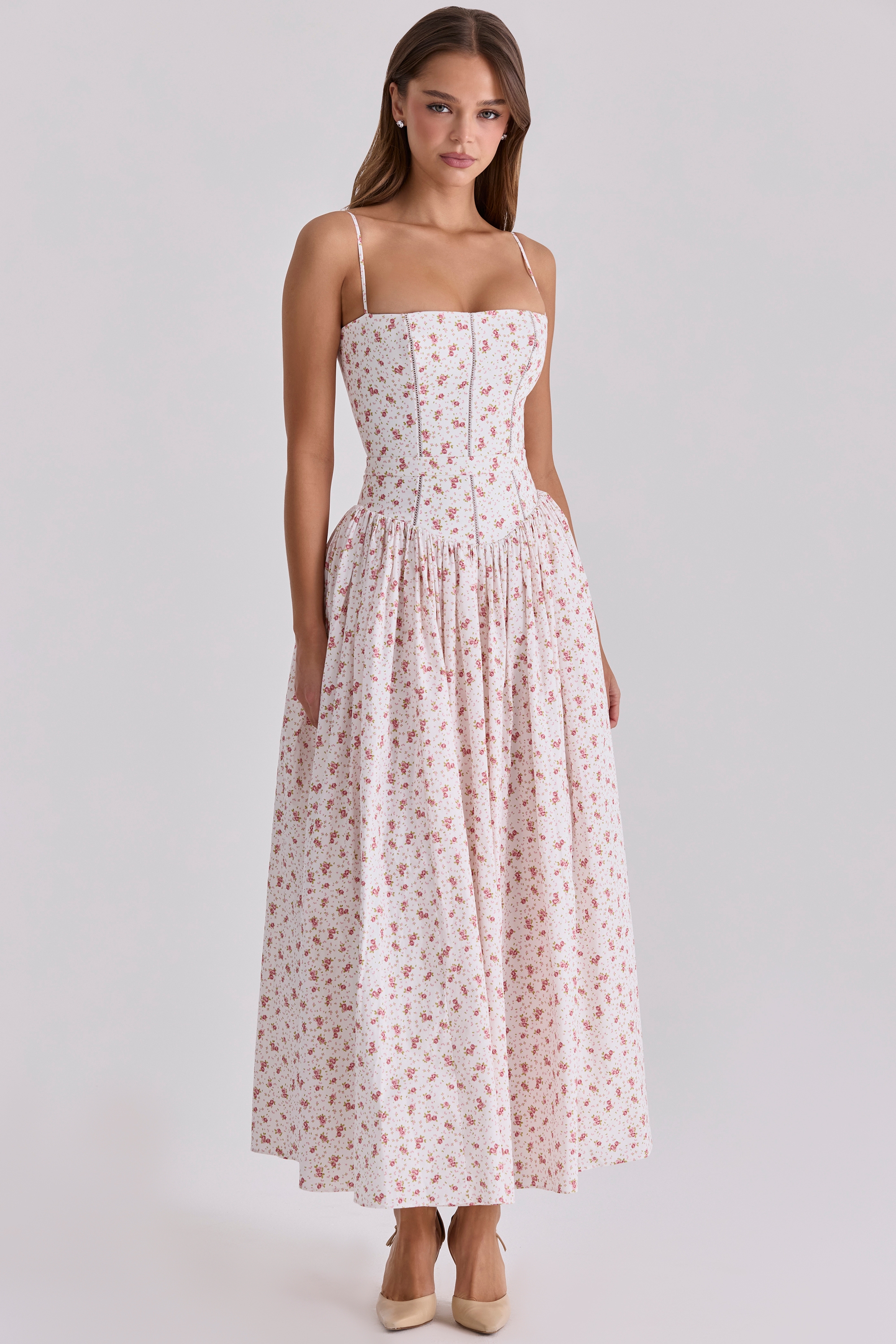 White Rose Print Cotton Midi Sundress