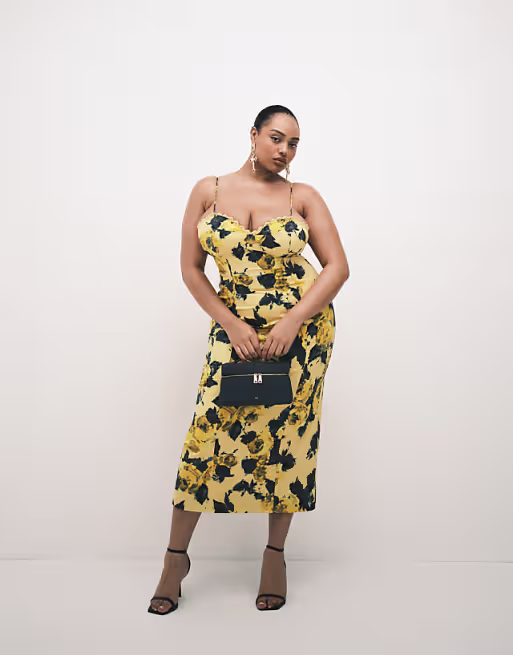 Curve cotton sateen cami maxi sundress with bust detailing in yellow print