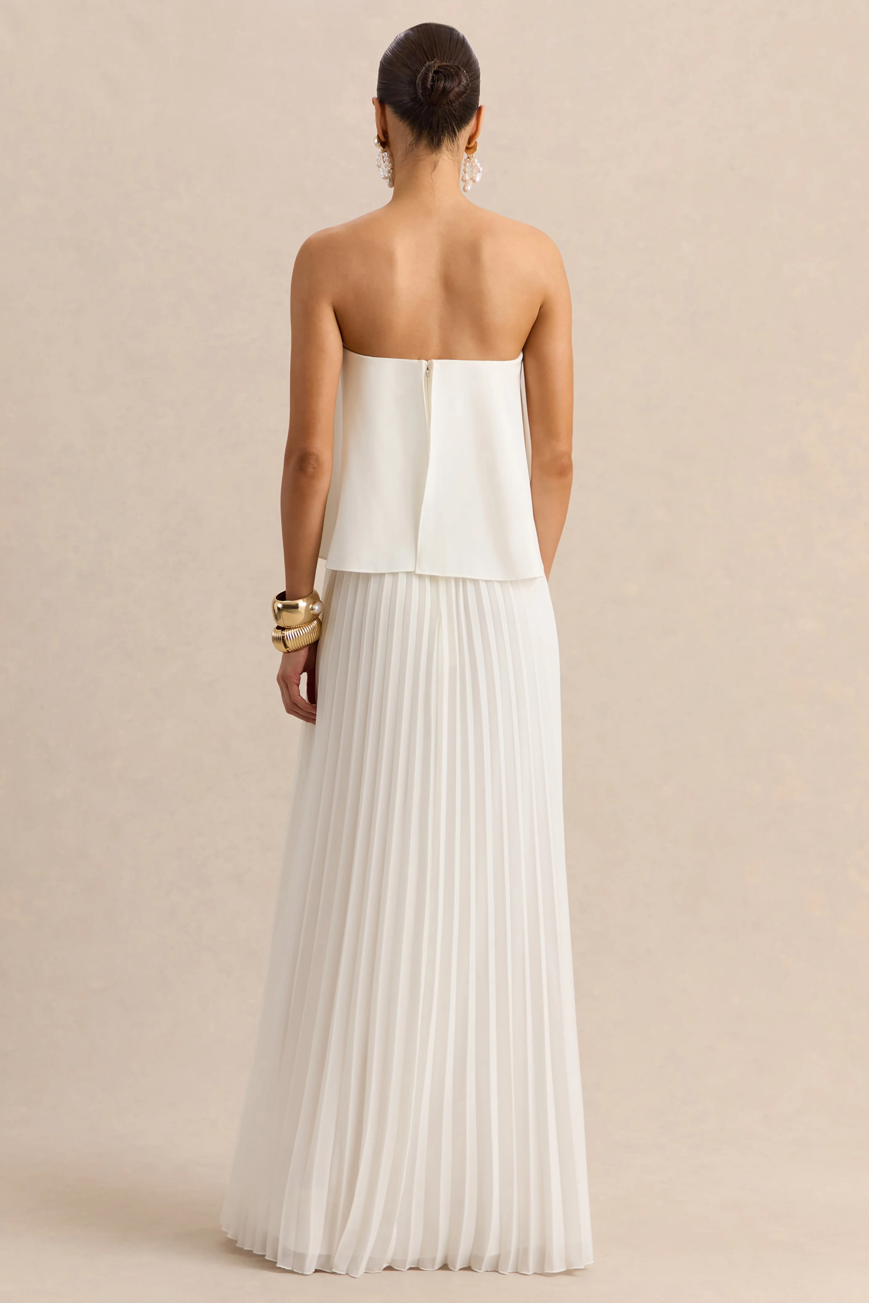 Saralyn | White Bandeau Maxi Dress With Pleated-Skirt