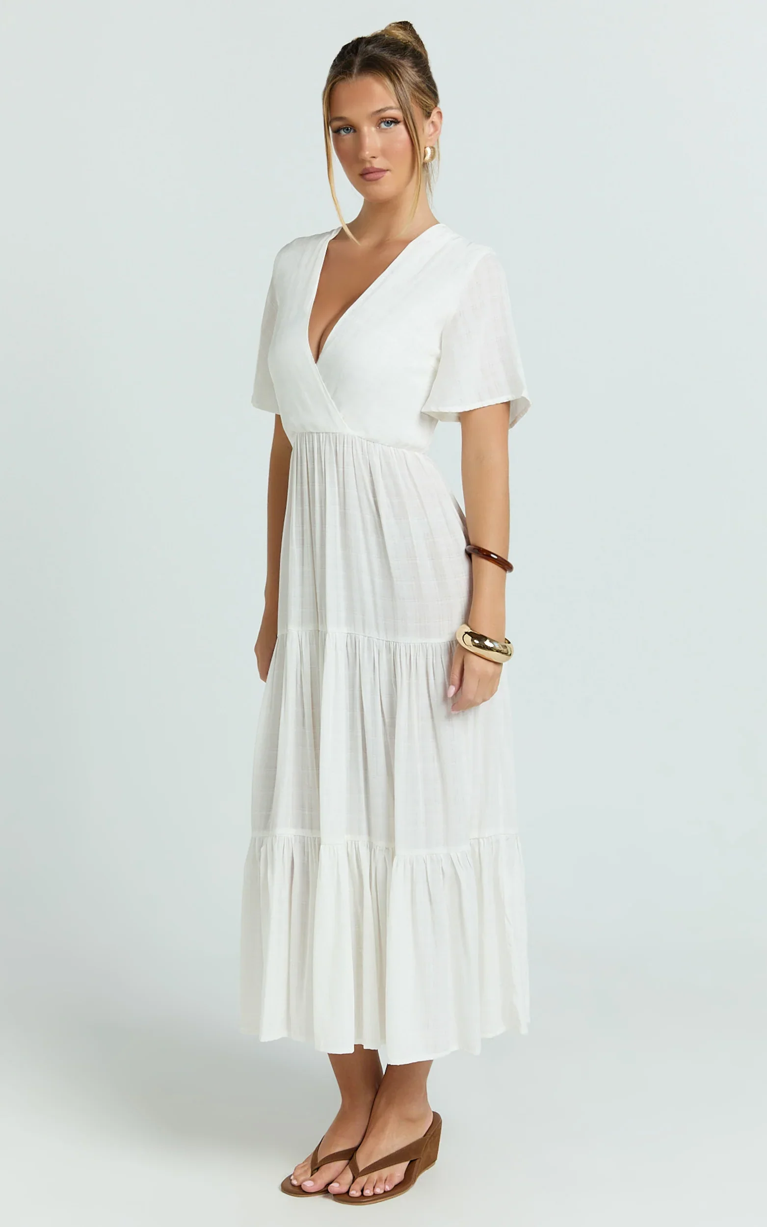 Cryzel Midi Dress - Flutter Sleeve Tiered Dress in White