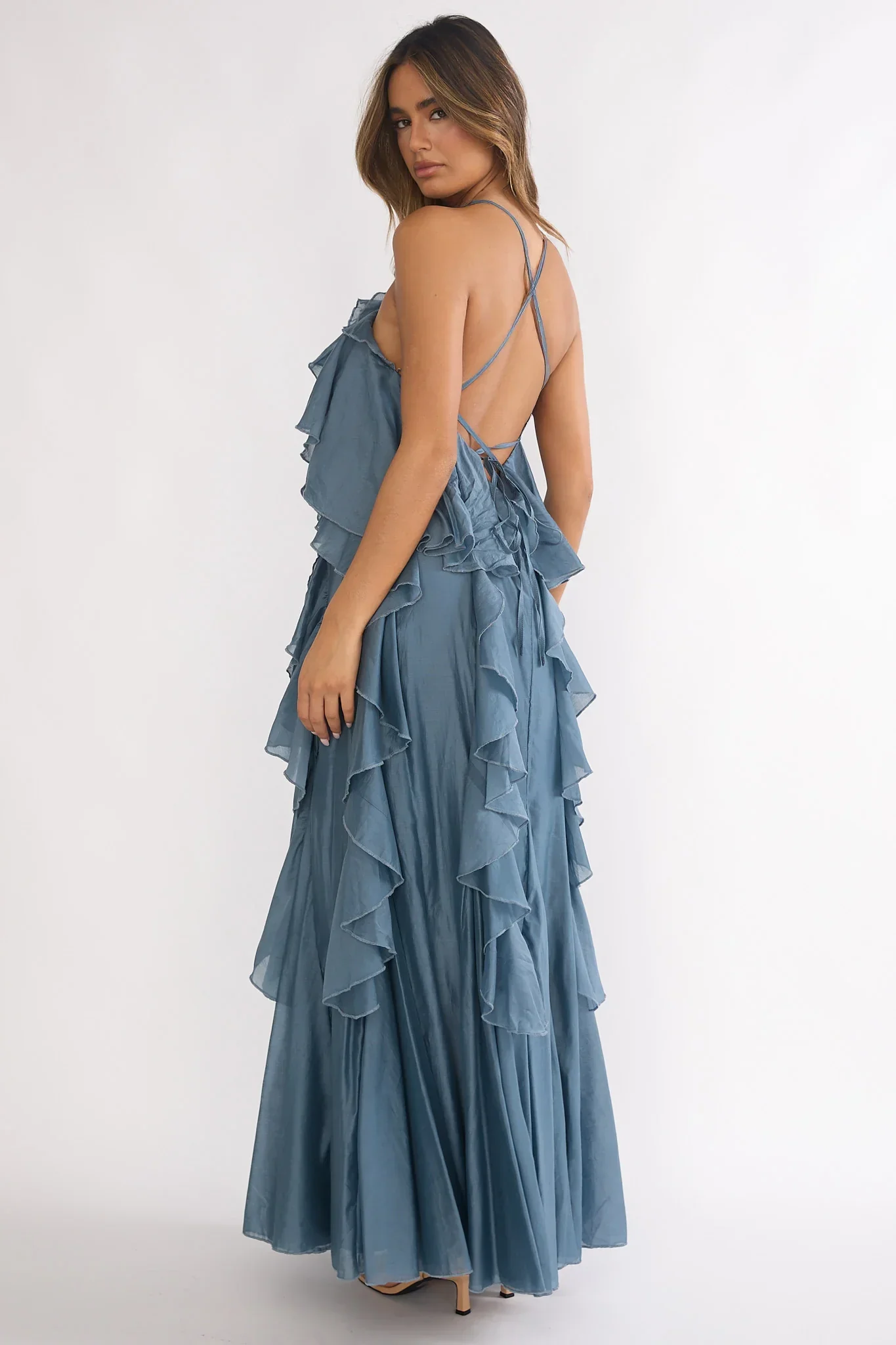 Oceara Ruffle Trim Spaghetti Strap Maxi Dress Slate Blue