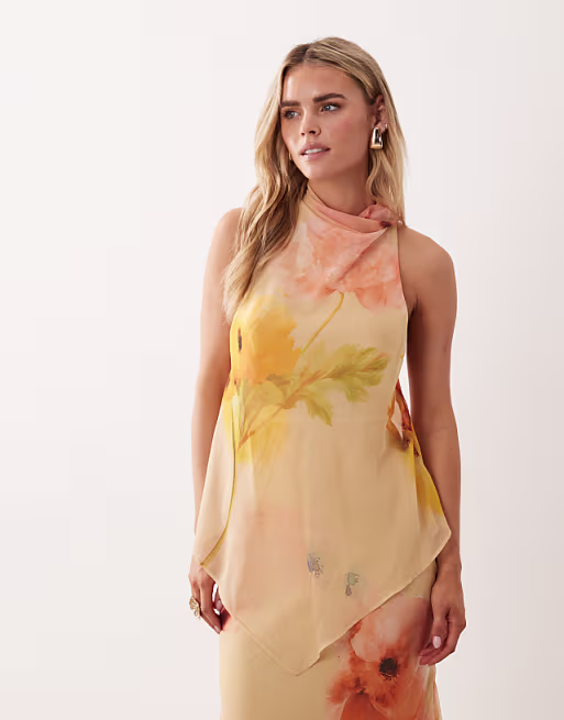 Petite chiffon high neck double layer maxi dress in orange floral print