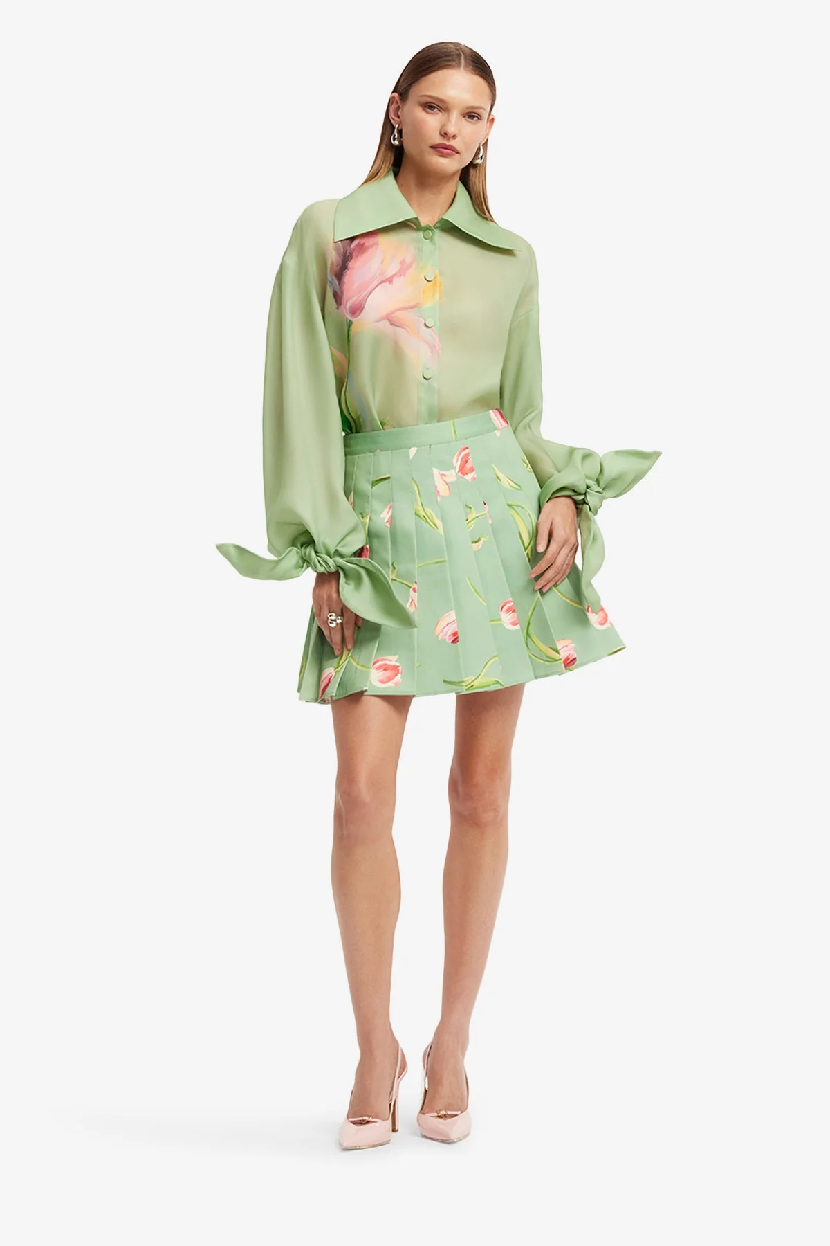 Melody Pleated Mini Skirt - Tulip Print in Green