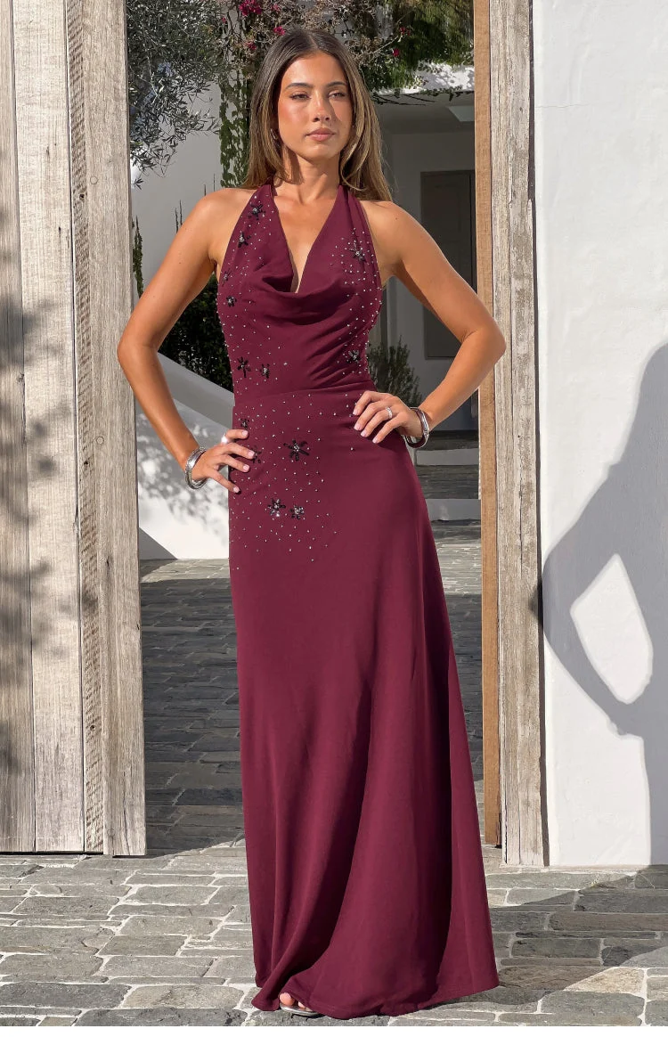 Corey Burgundy Beaded Crepe Maxi Dress