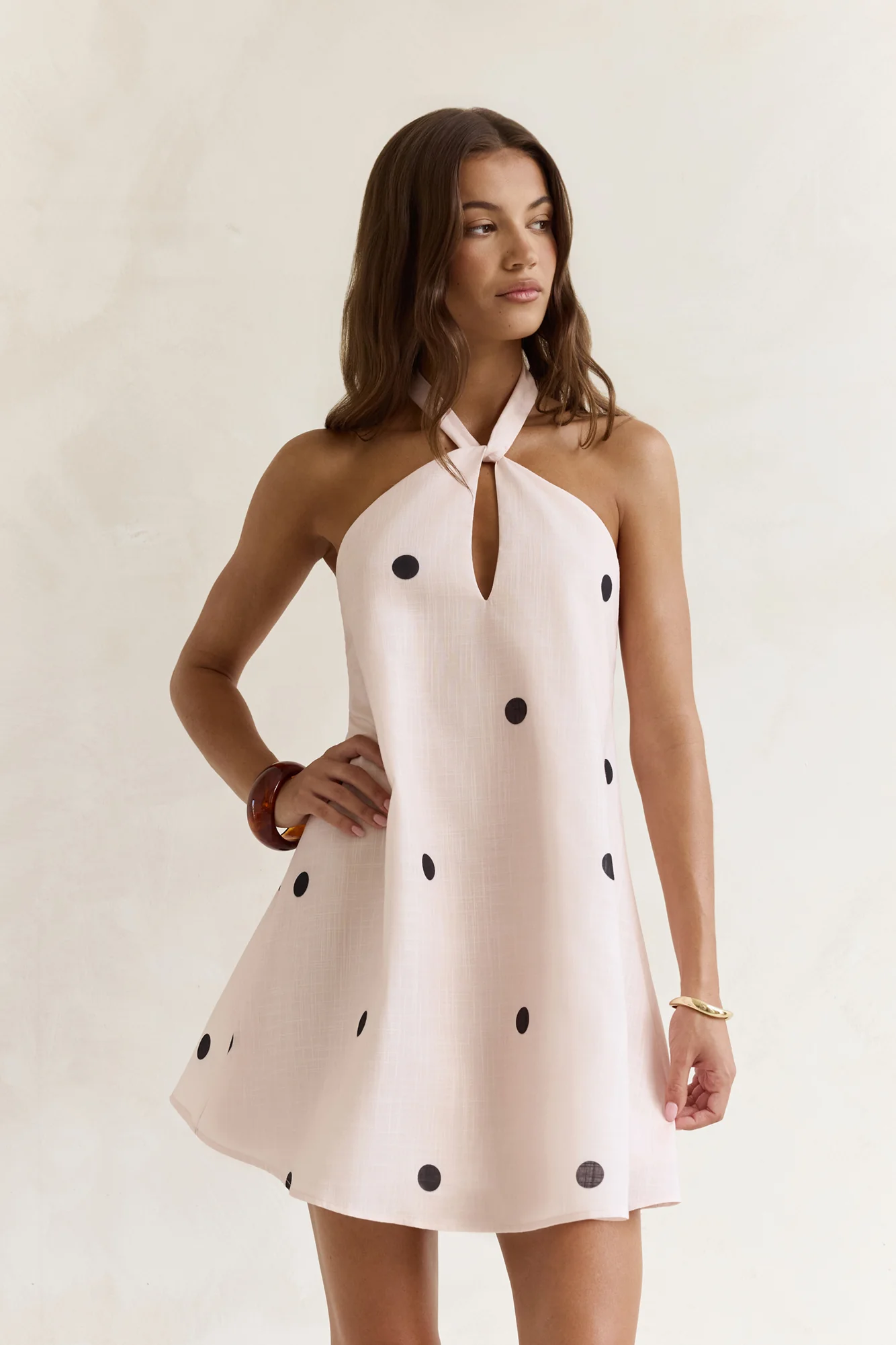 Faith In You Polka Dot Halter Mini Dress Beige - luluinthesky